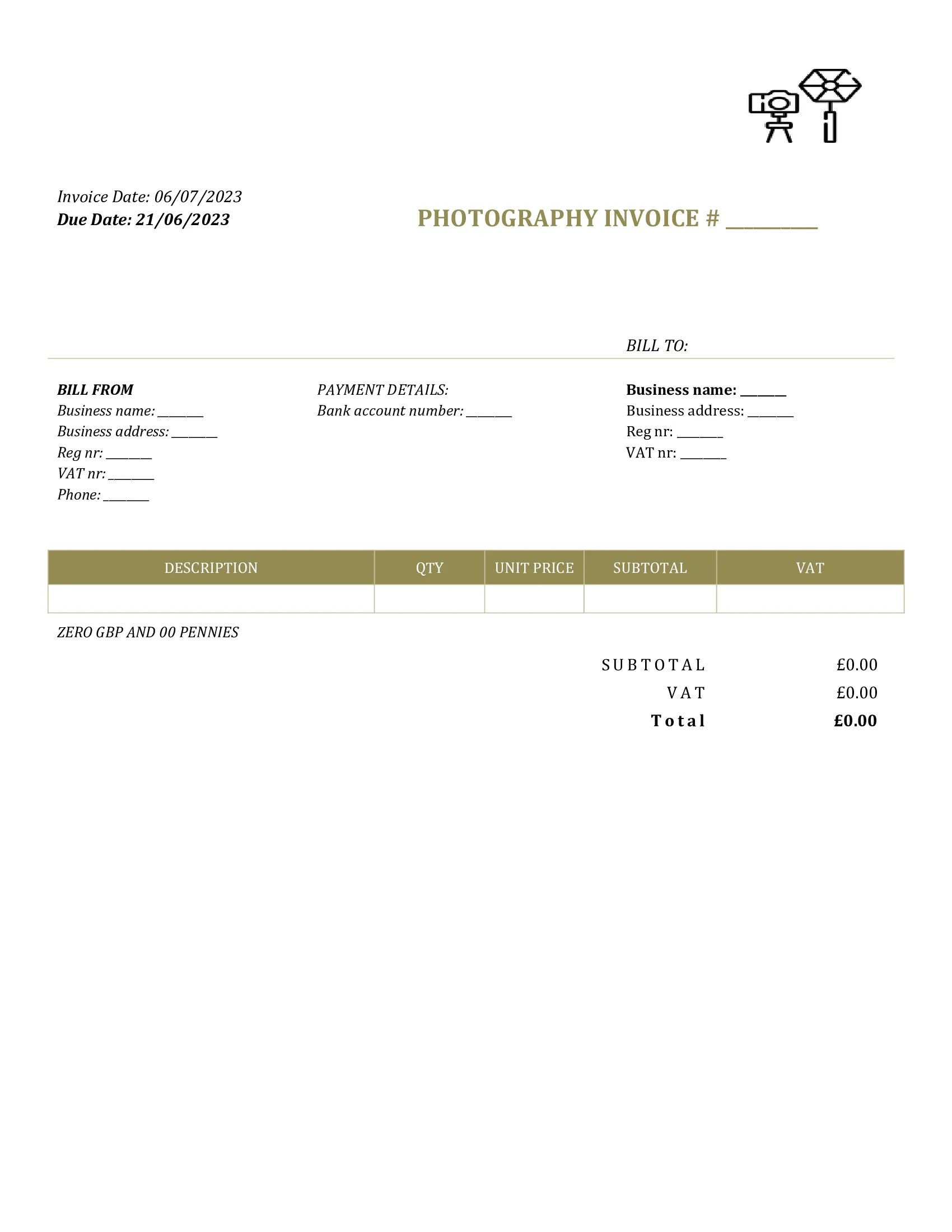 generic photography invoice template UK Word / Google docs
