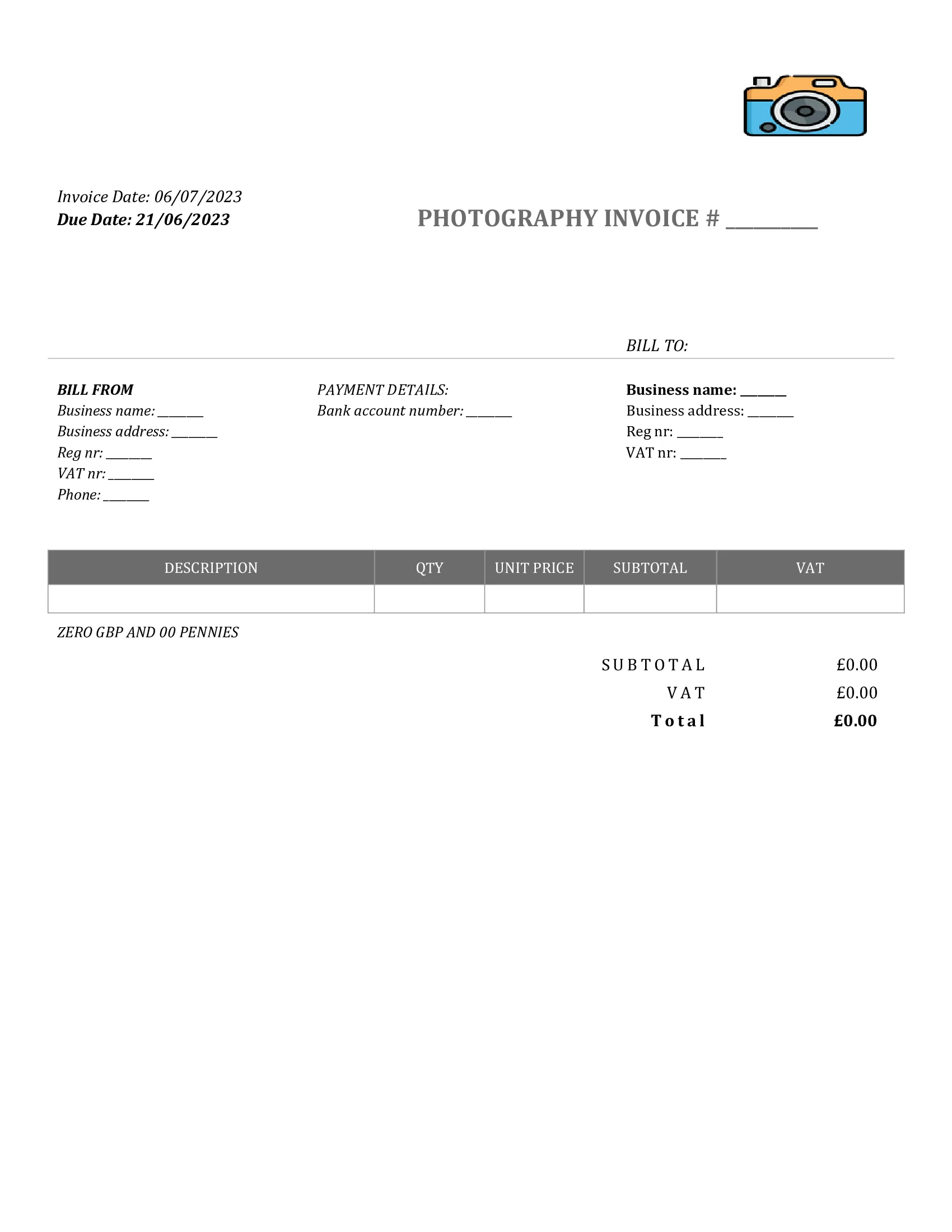 standart photography invoice template UK Word / Google docs