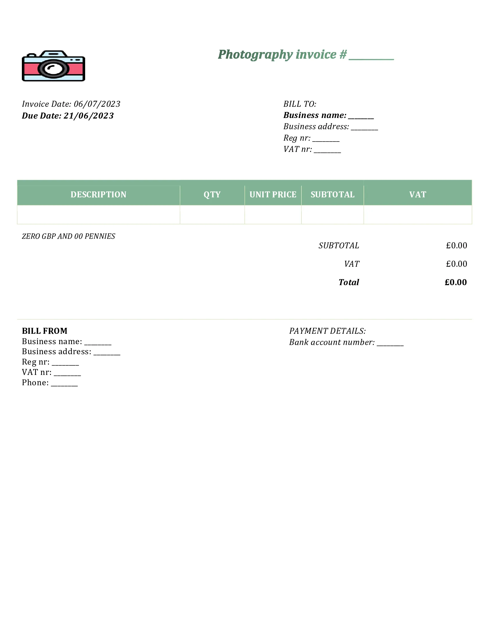 customizable photography invoice template UK Word / Google docs