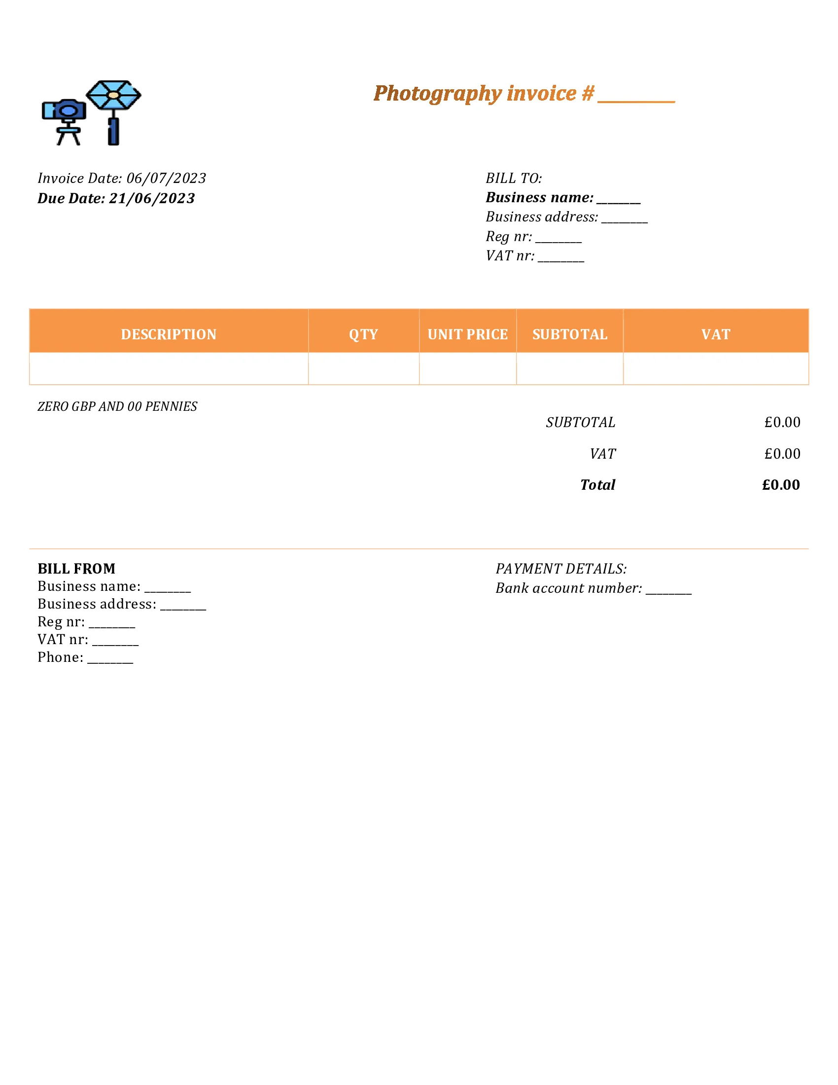 personal photography invoice template UK Word / Google docs
