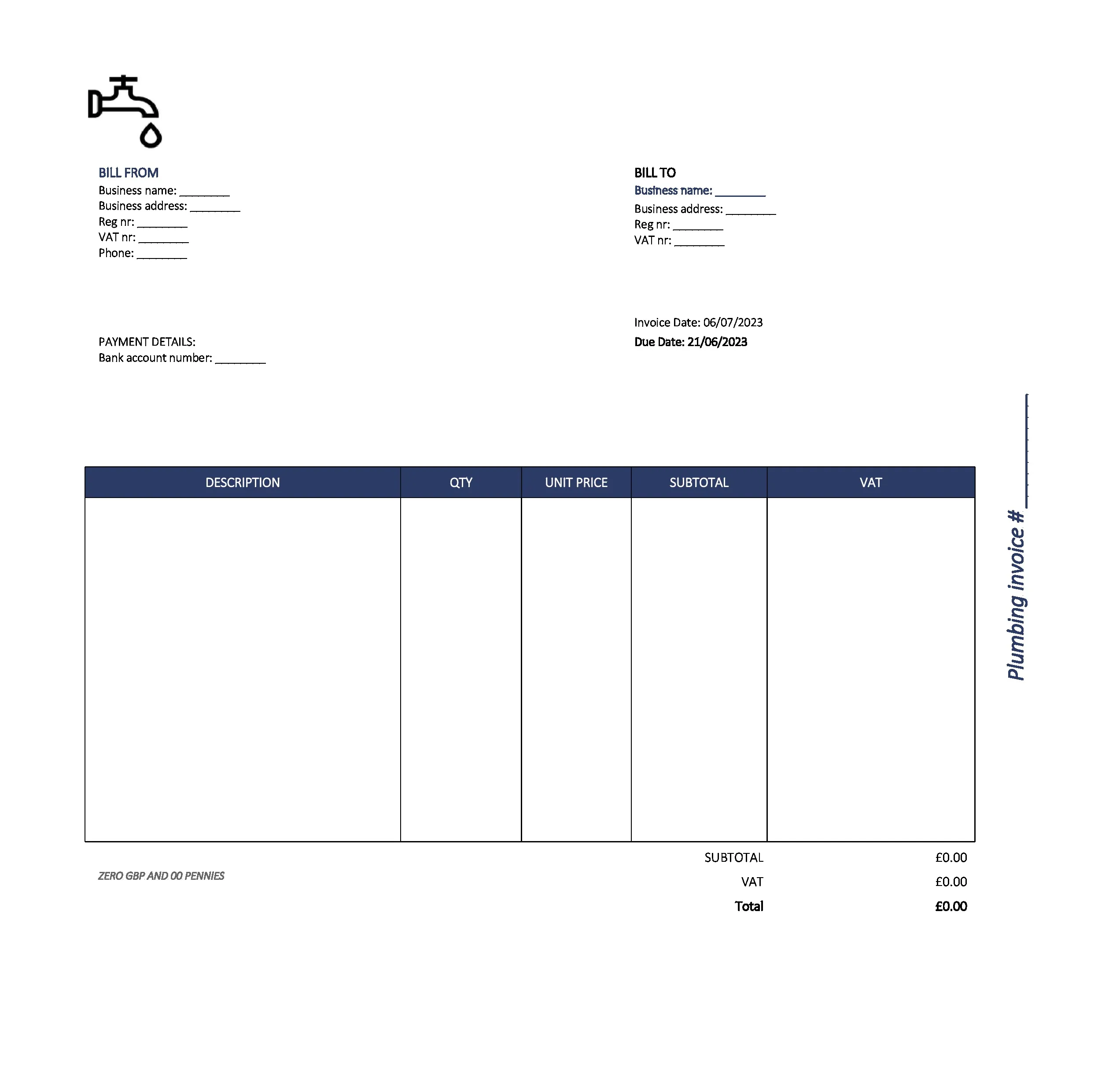 beautiful plumbing invoice template UK Excel / Google sheets