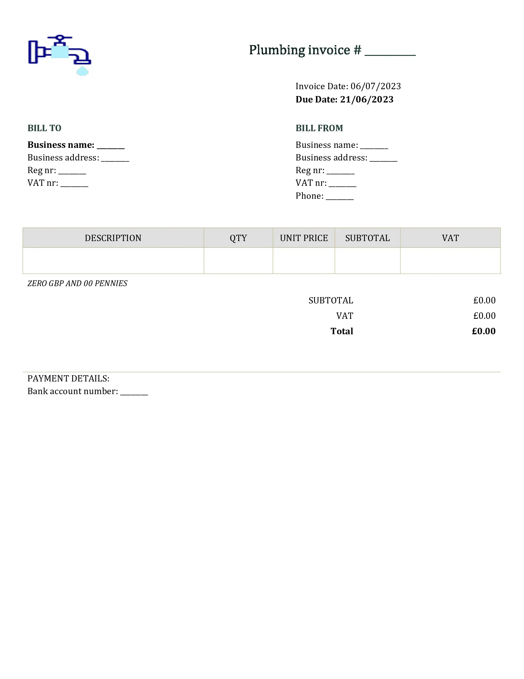 editable plumbing invoice template UK Word / Google docs
