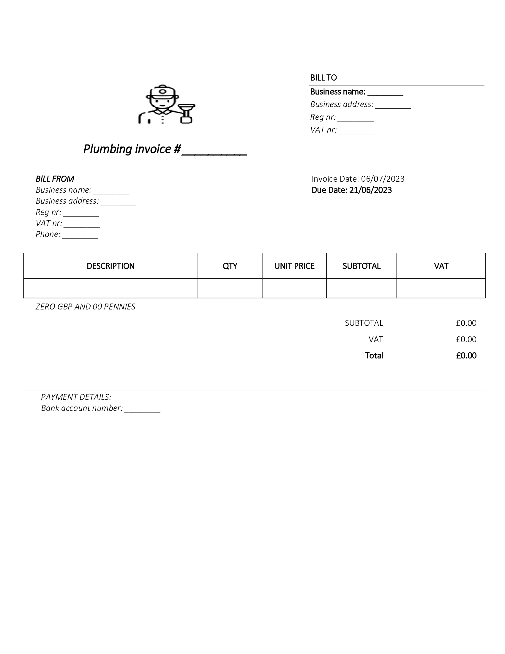 downloadable plumbing invoice template UK Word / Google docs