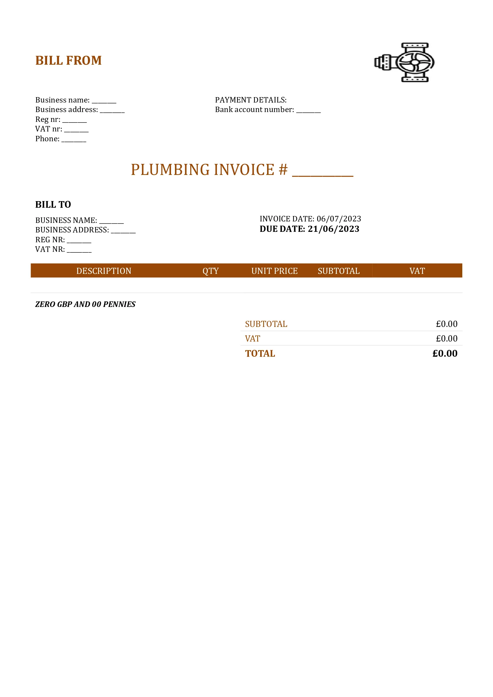 blank plumbing invoice template UK Word / Google docs