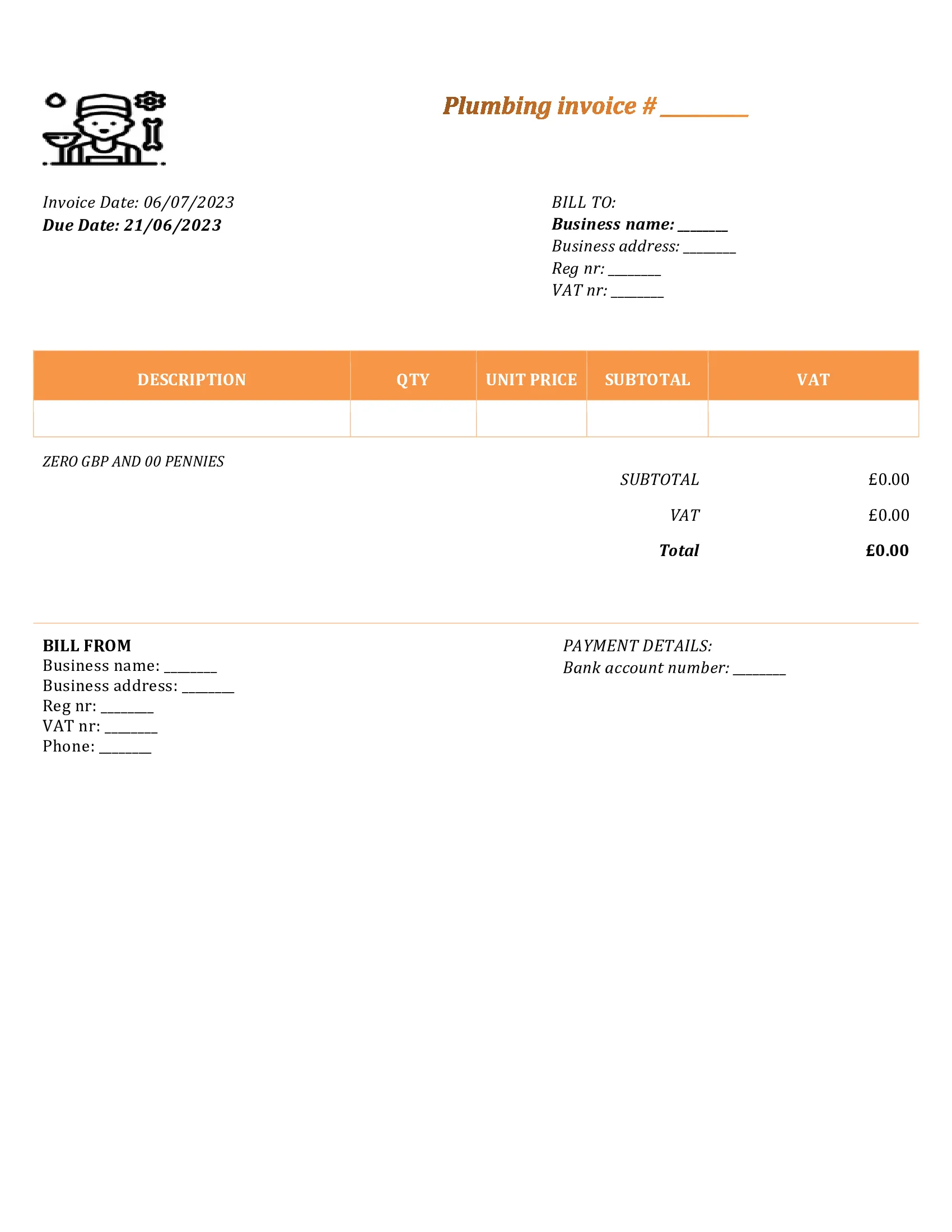 personal plumbing invoice template UK Word / Google docs