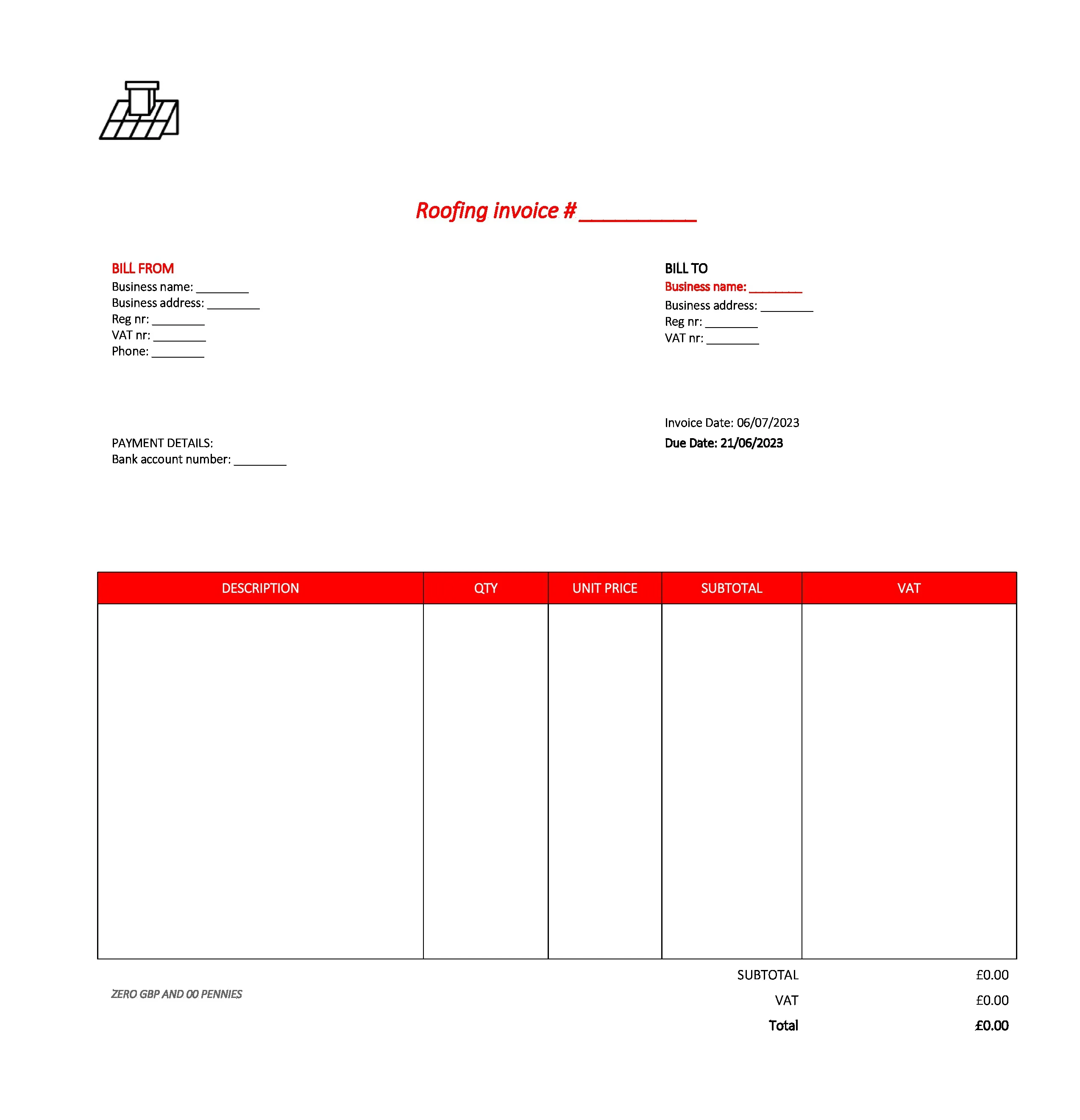 professional roofing invoice template UK Excel / Google sheets