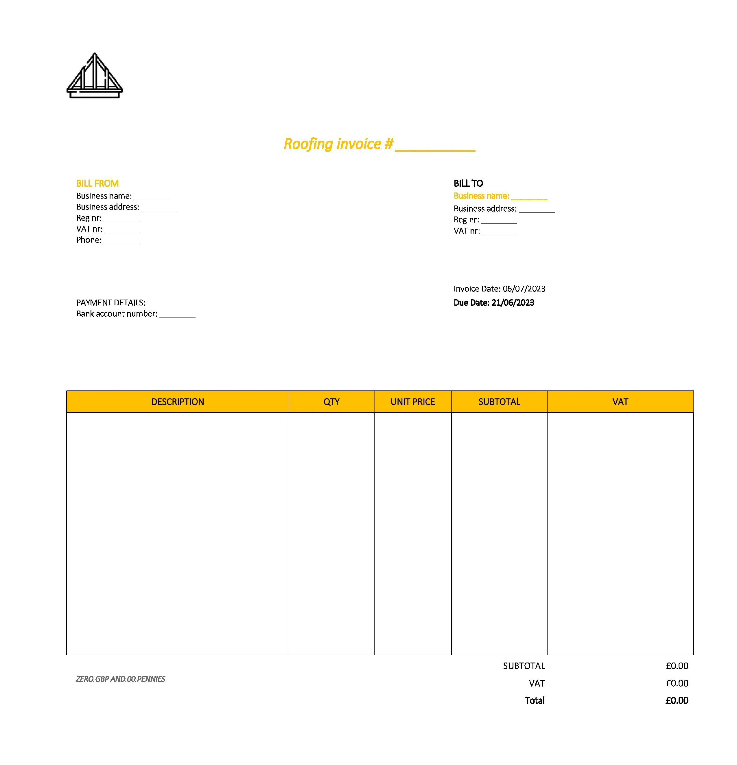 draft roofing invoice template UK Excel / Google sheets