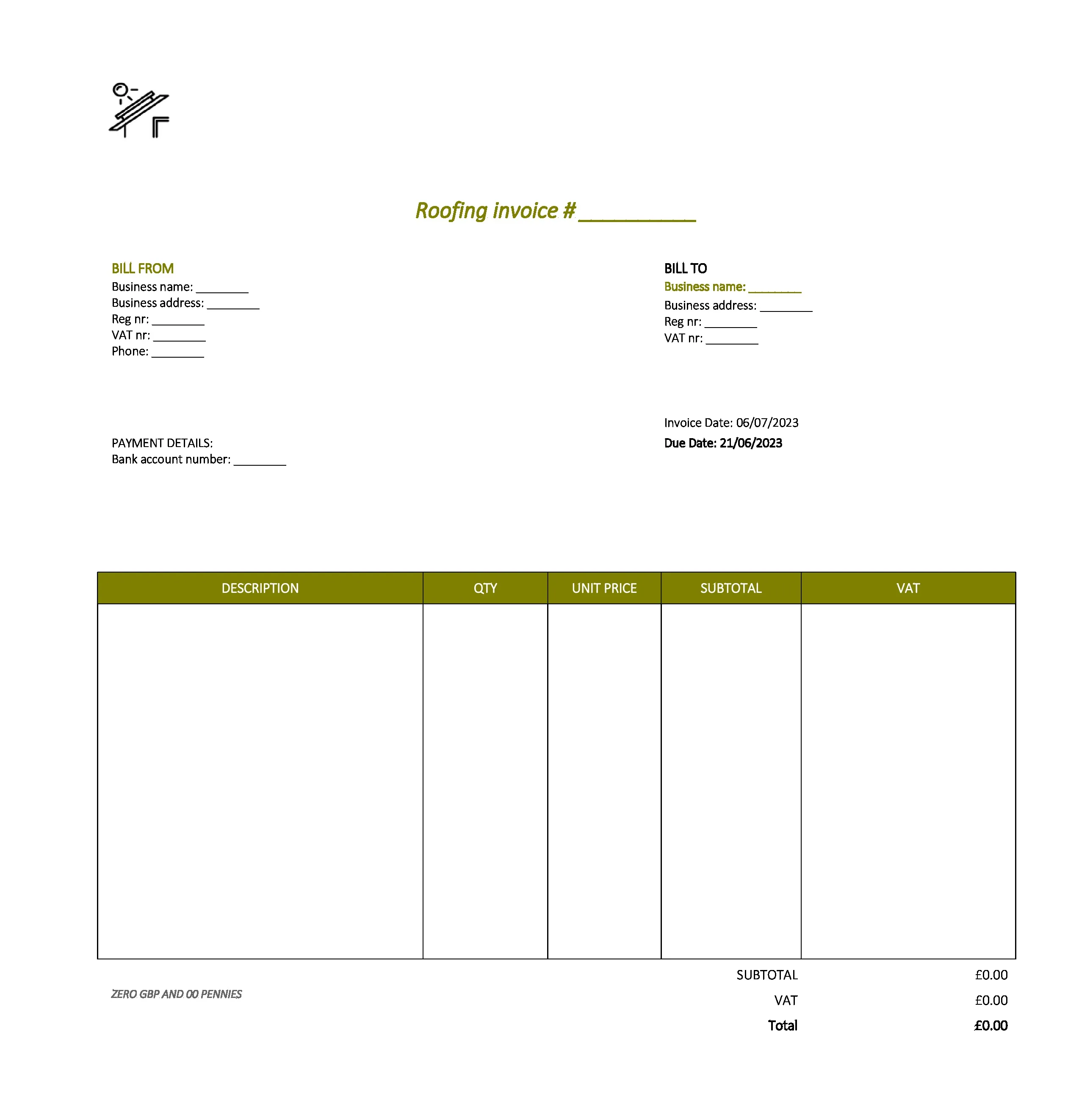 minimalist roofing invoice template UK Excel / Google sheets