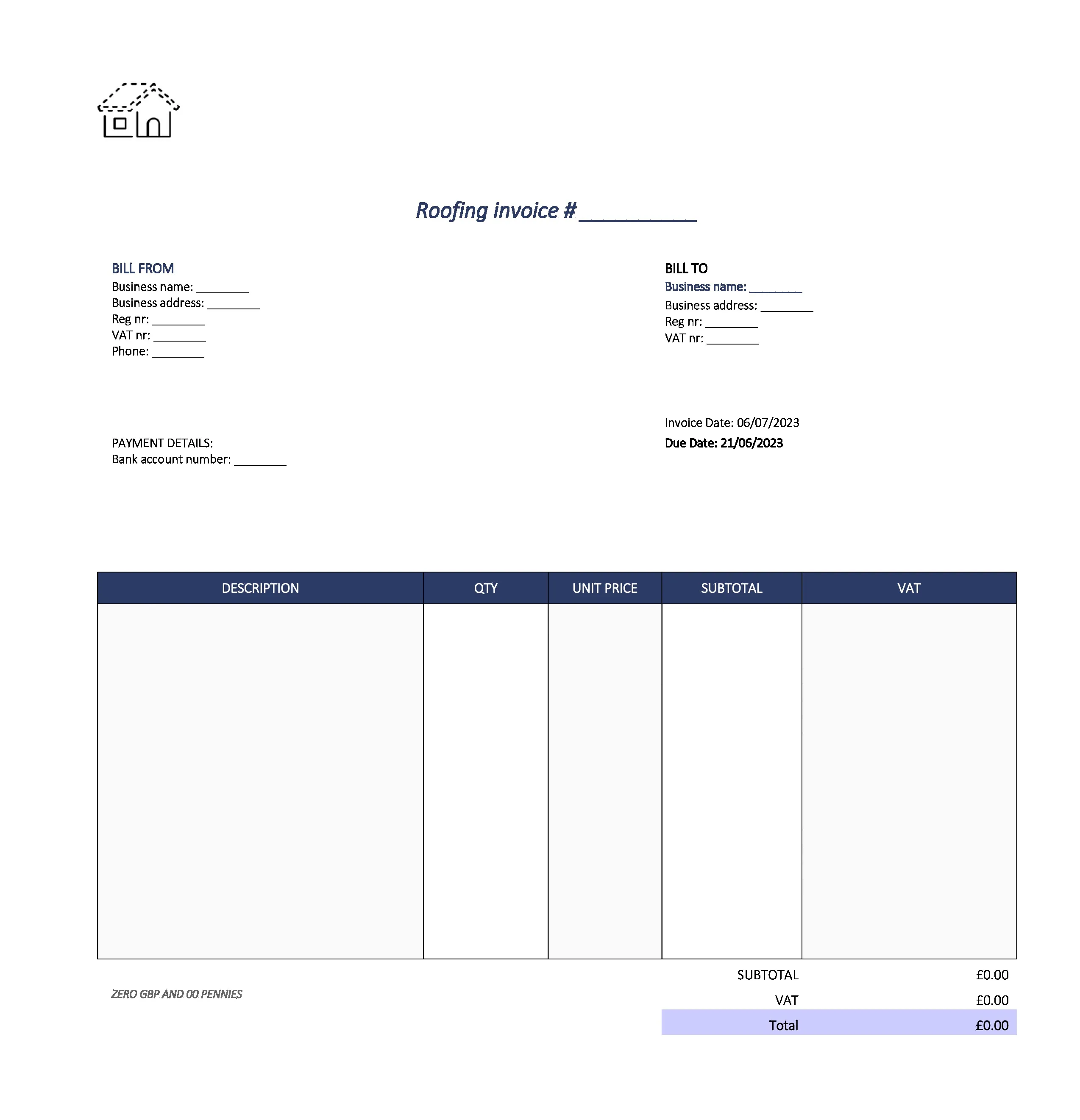 cute roofing invoice template UK Excel / Google sheets