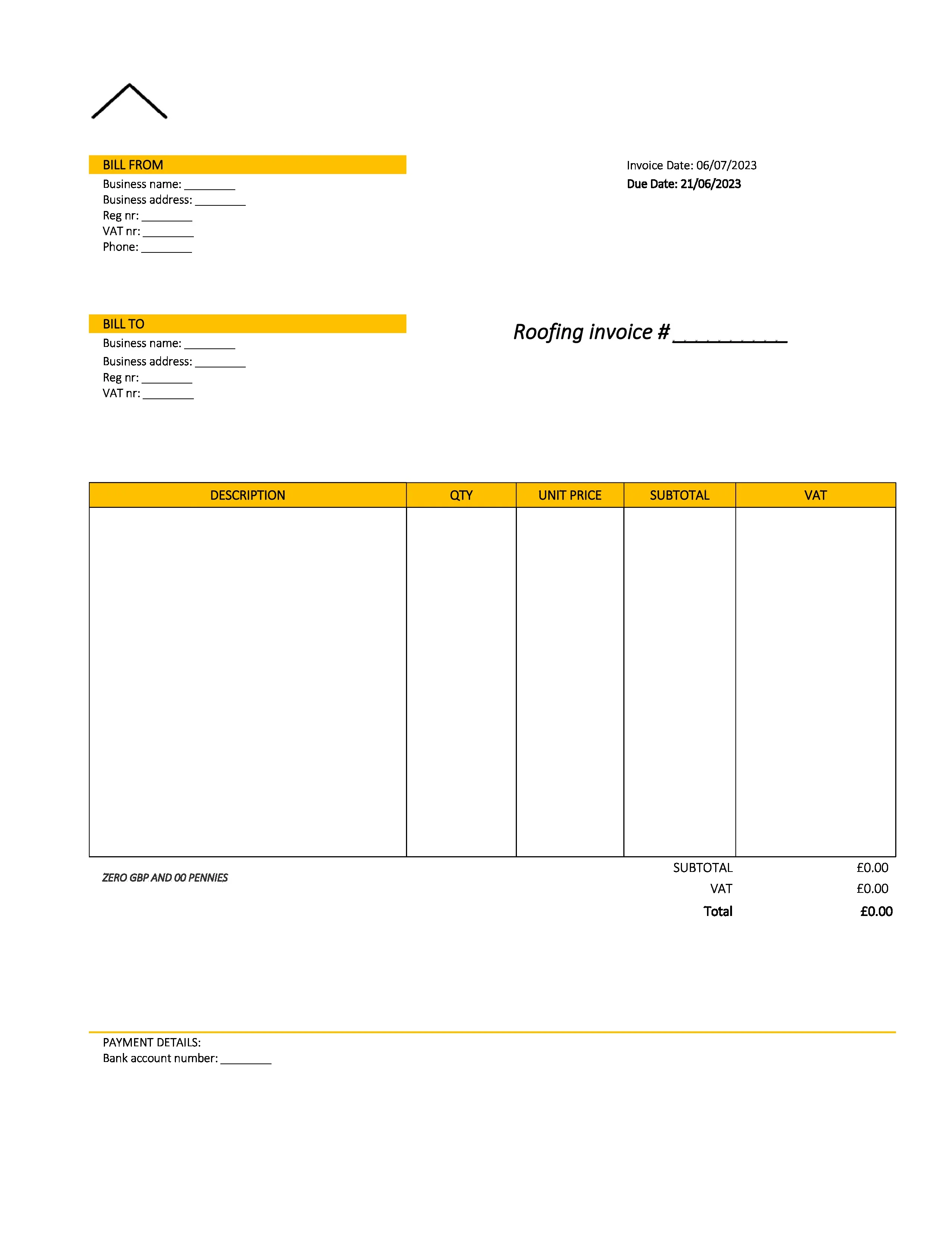 creative roofing invoice template UK Excel / Google sheets