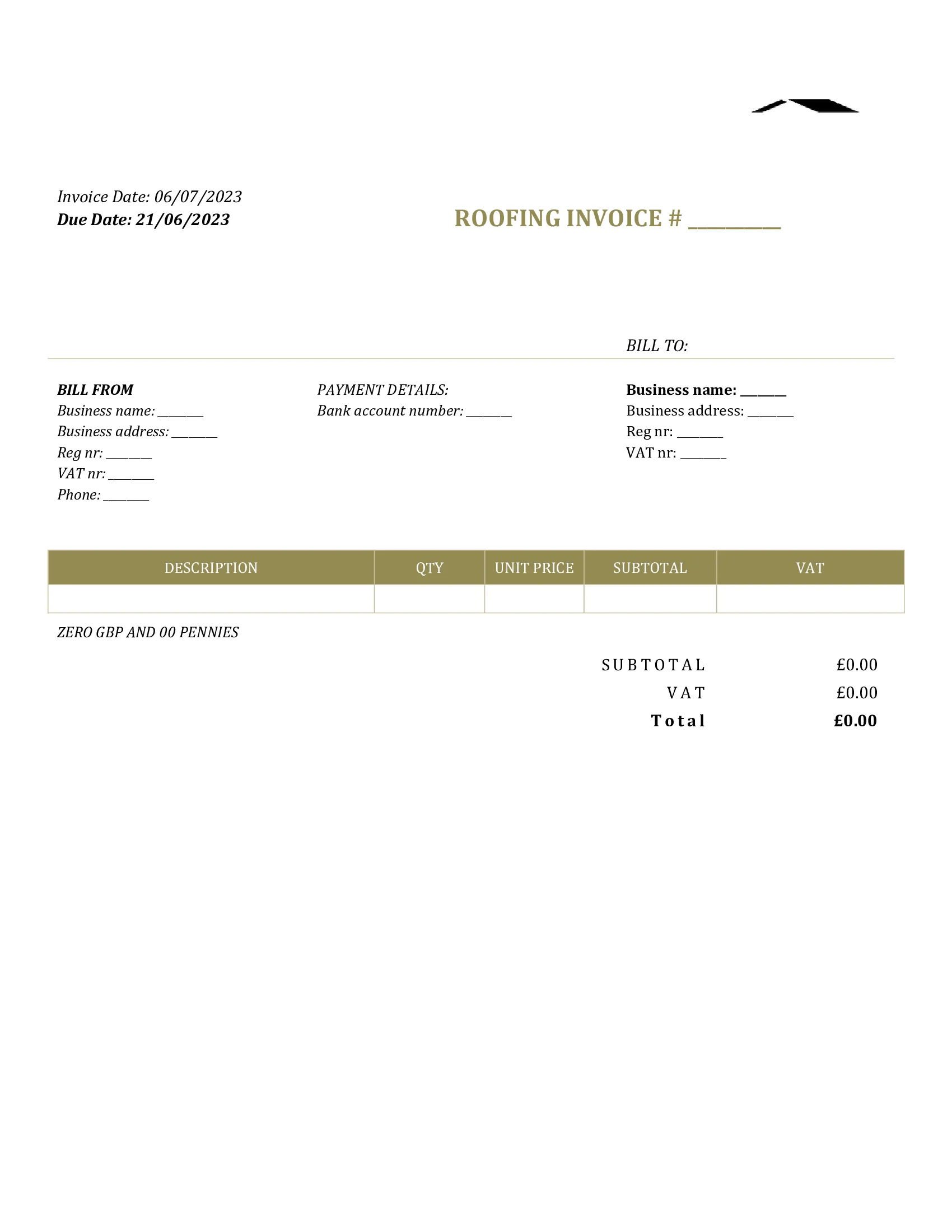 generic roofing invoice template UK Word / Google docs