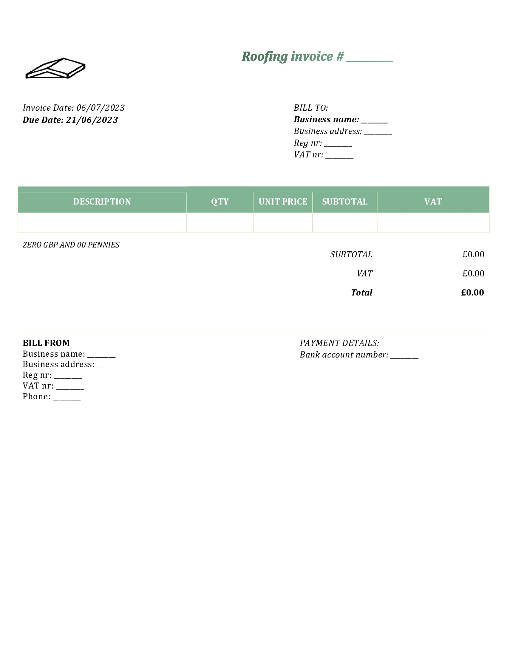 customizable roofing invoice template UK Word / Google docs