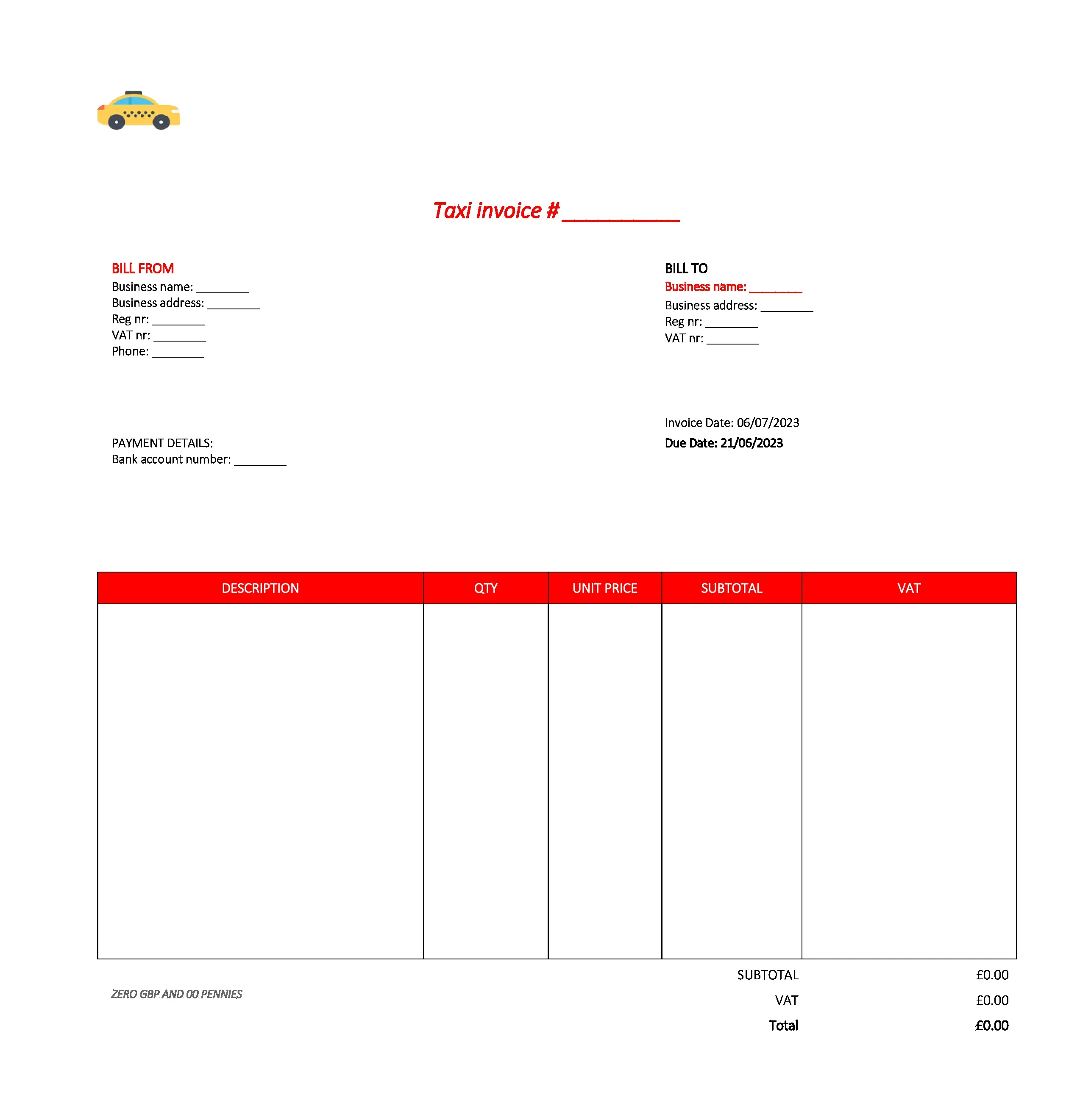 professional taxi invoice template UK Excel / Google sheets