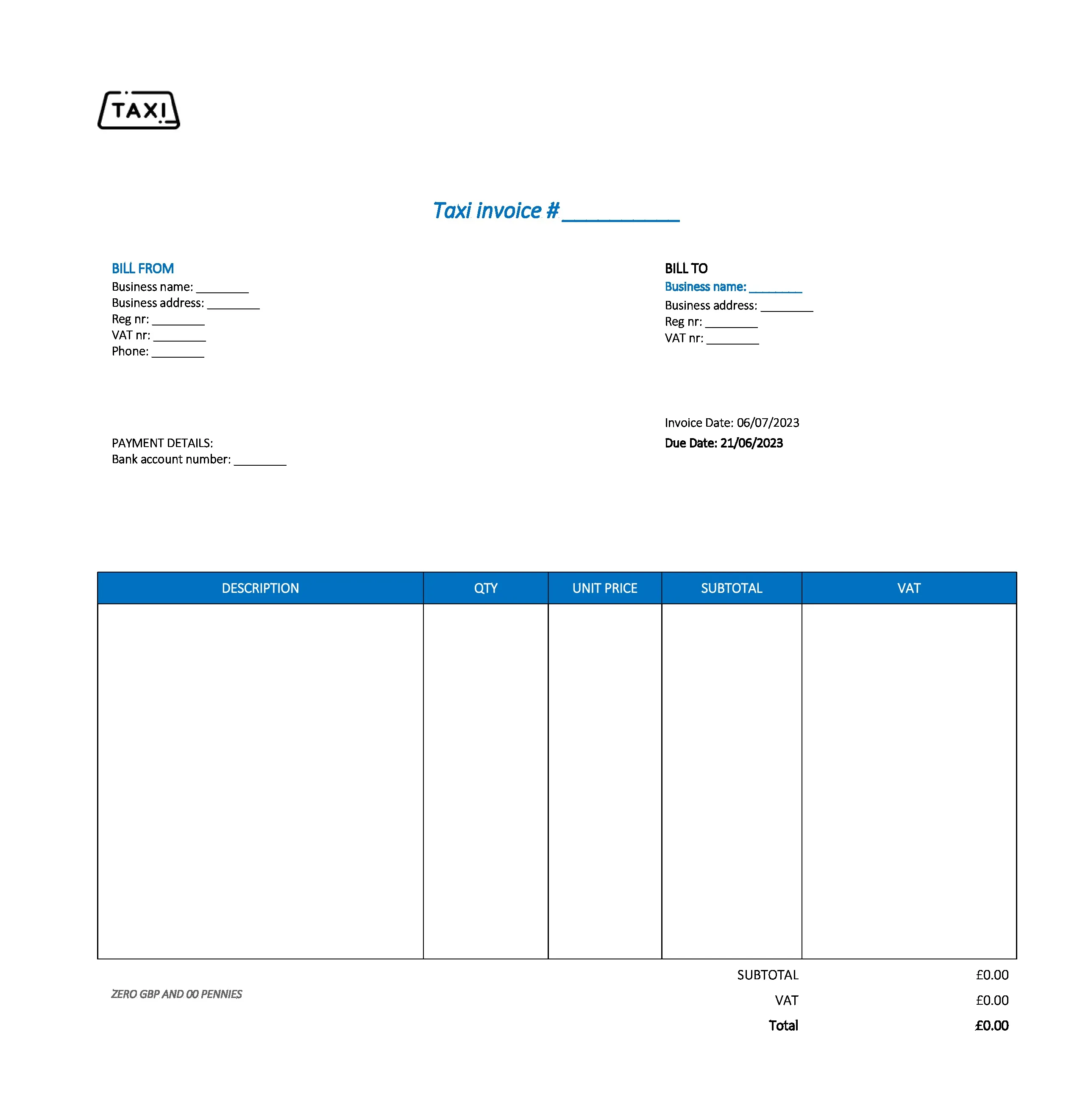 typical taxi invoice template UK Excel / Google sheets