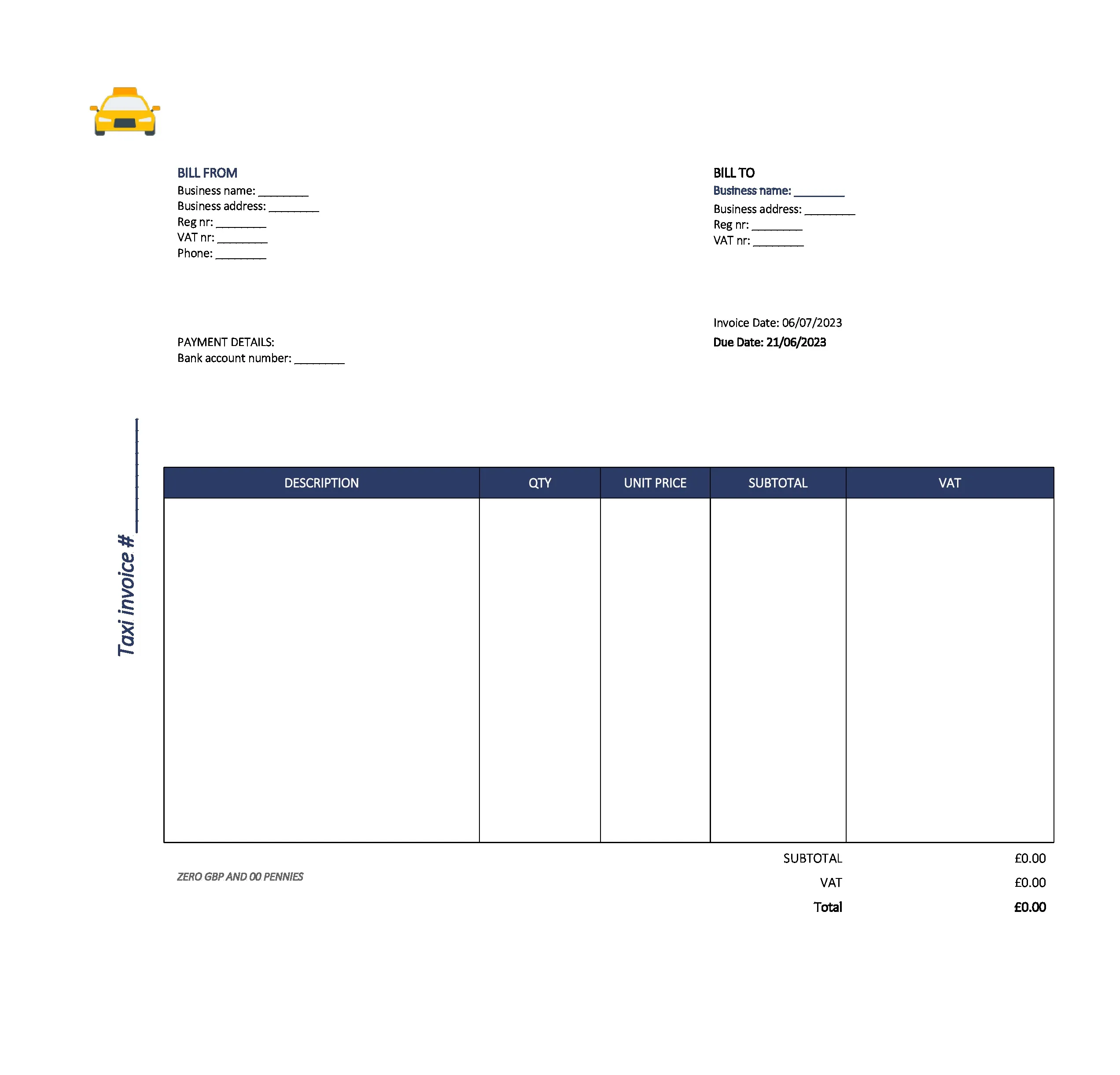 new taxi invoice template UK Excel / Google sheets
