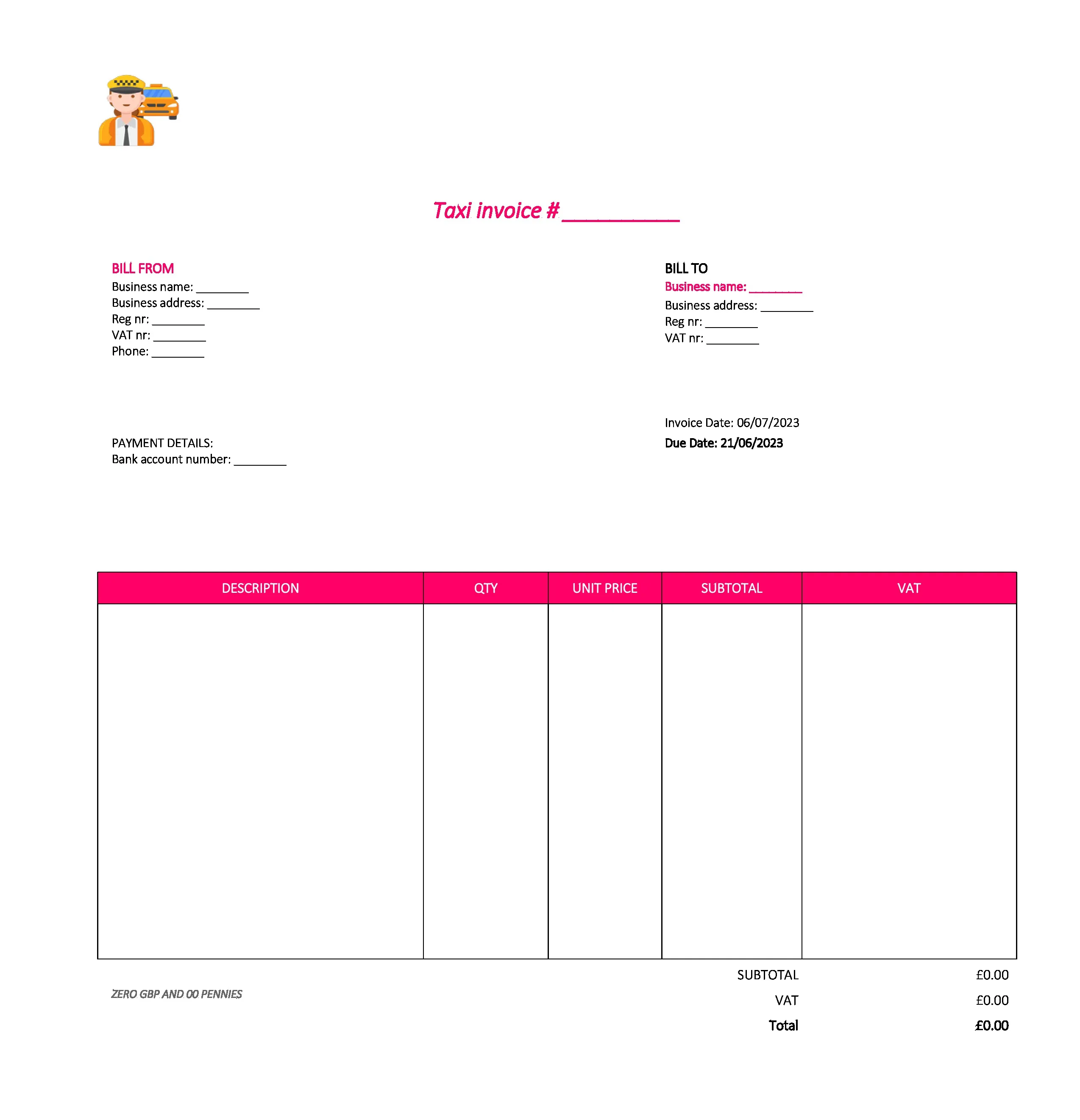 nice taxi invoice template UK Excel / Google sheets