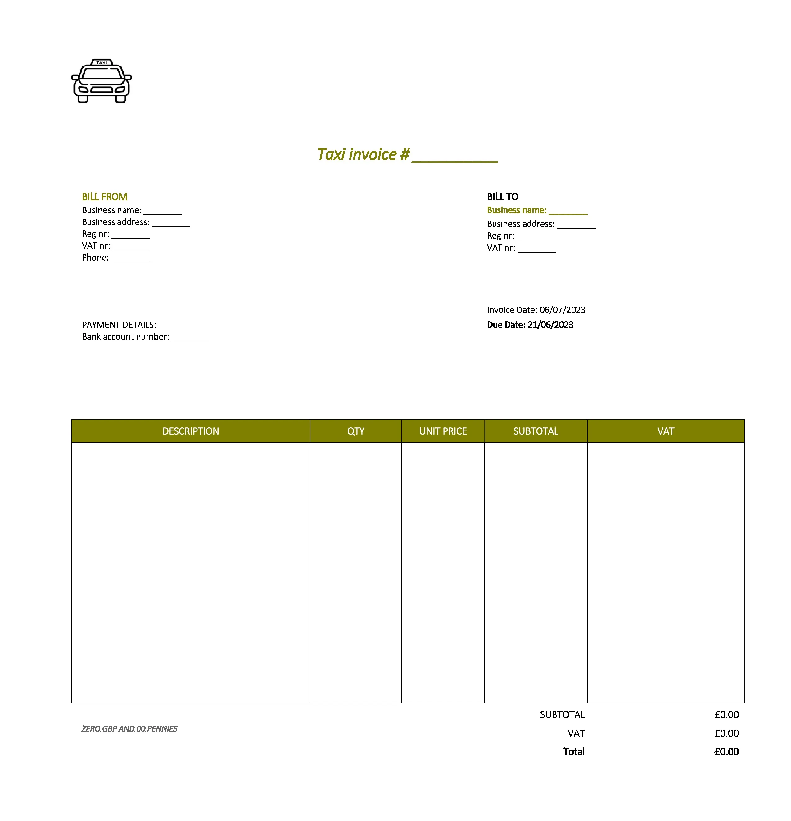 minimalist taxi invoice template UK Excel / Google sheets
