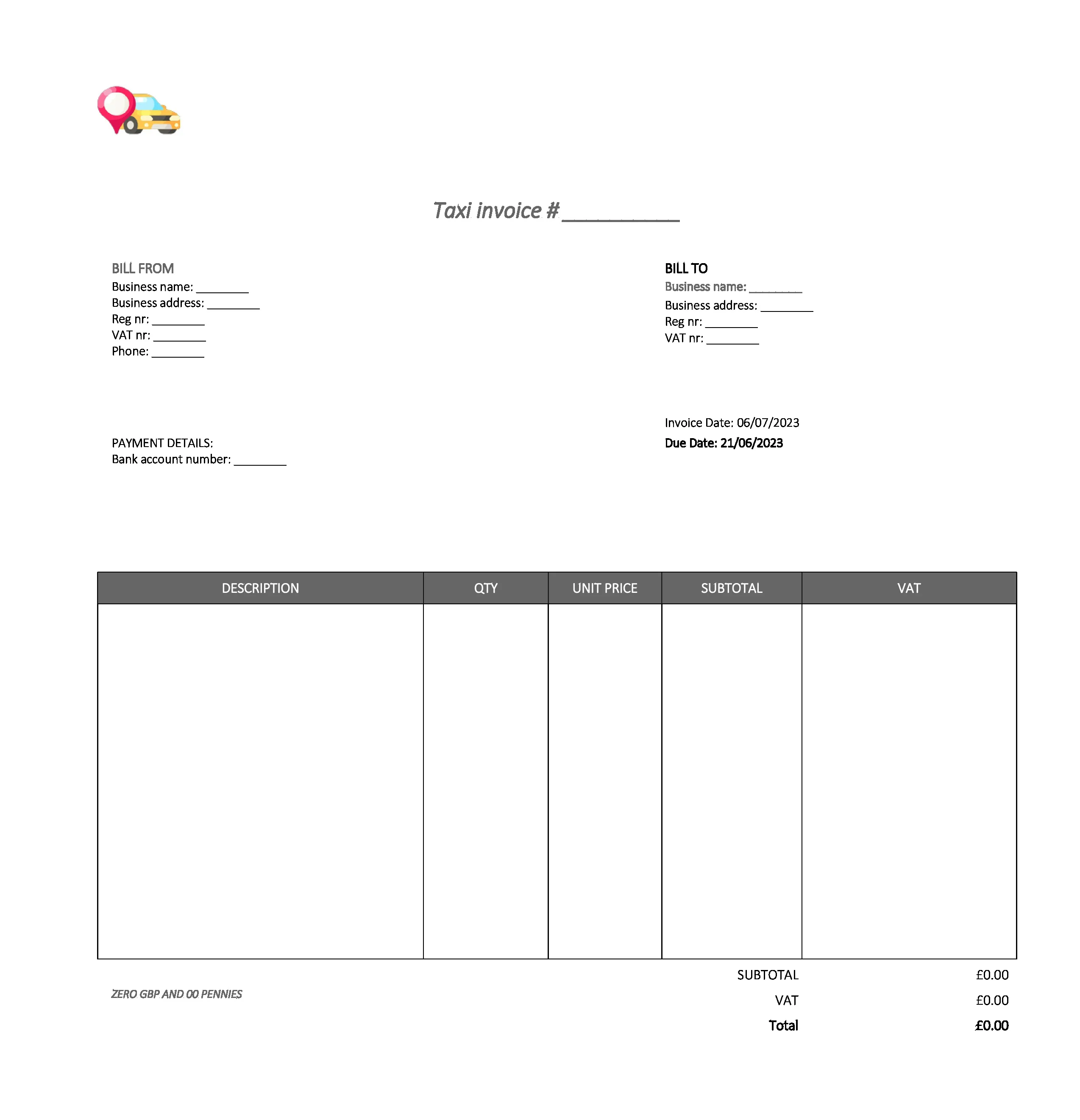 fancy taxi invoice template UK Excel / Google sheets