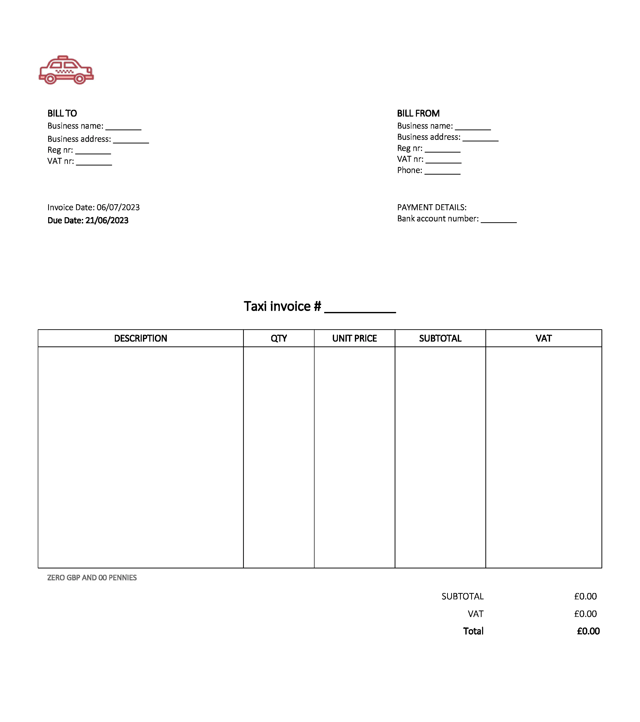 email deliverable taxi invoice template UK Excel / Google sheets