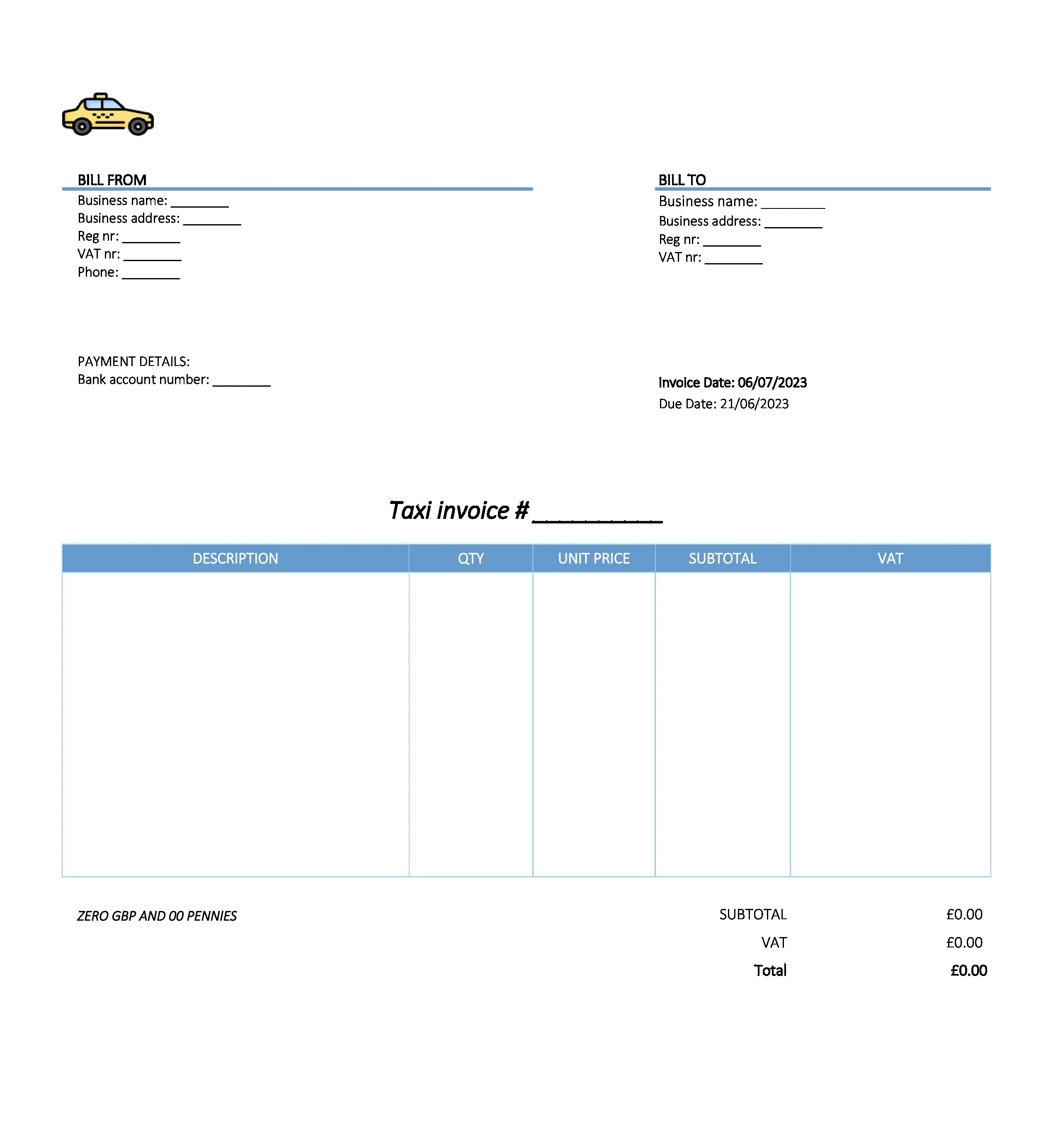 with bank details taxi invoice template UK Excel / Google sheets
