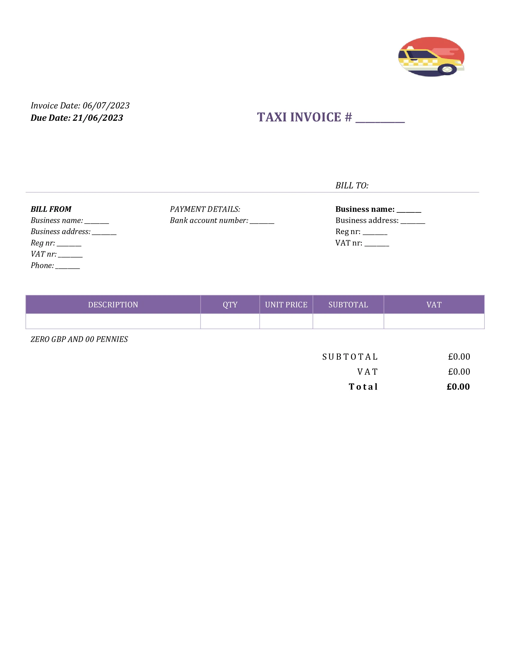 fillable taxi invoice template UK Word / Google docs