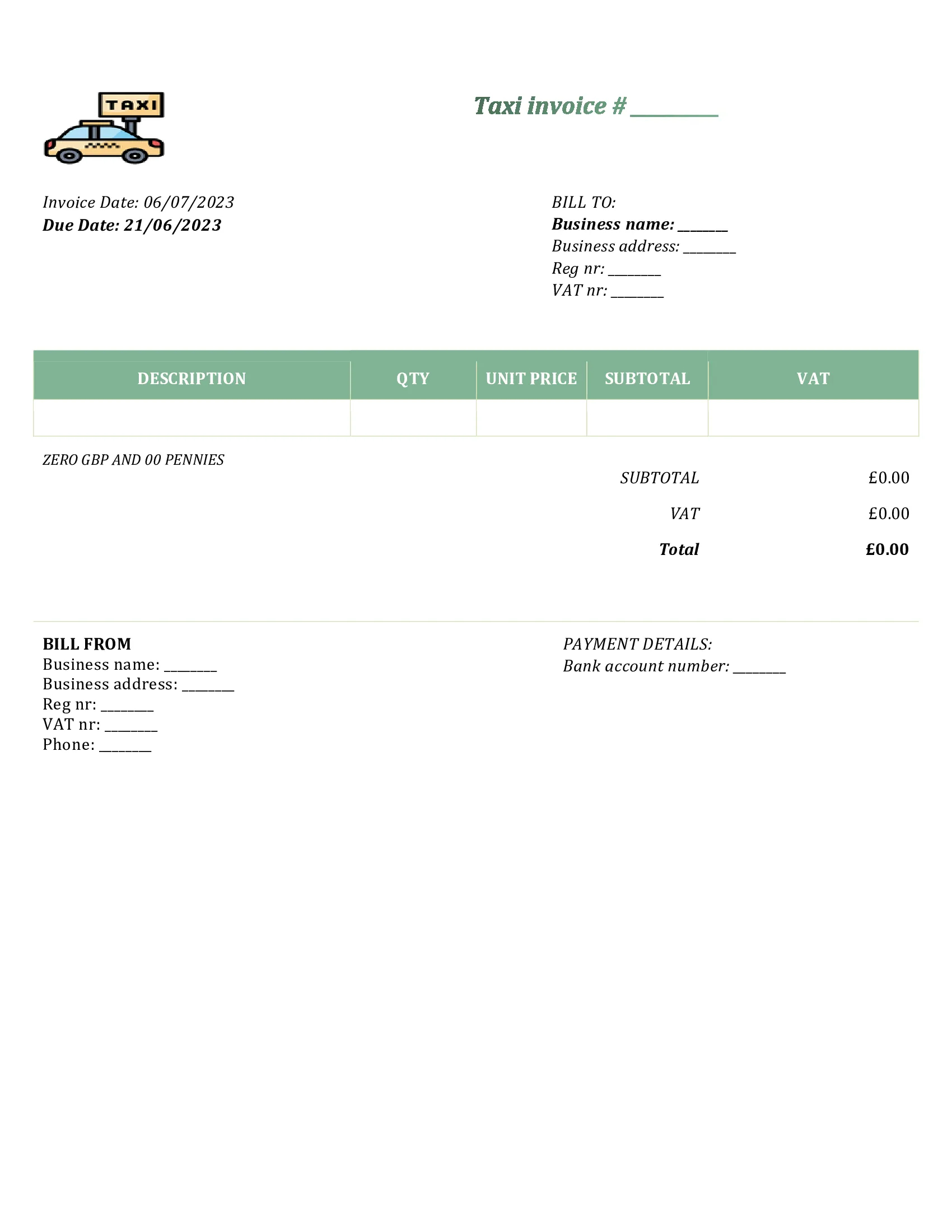 customizable taxi invoice template UK Word / Google docs