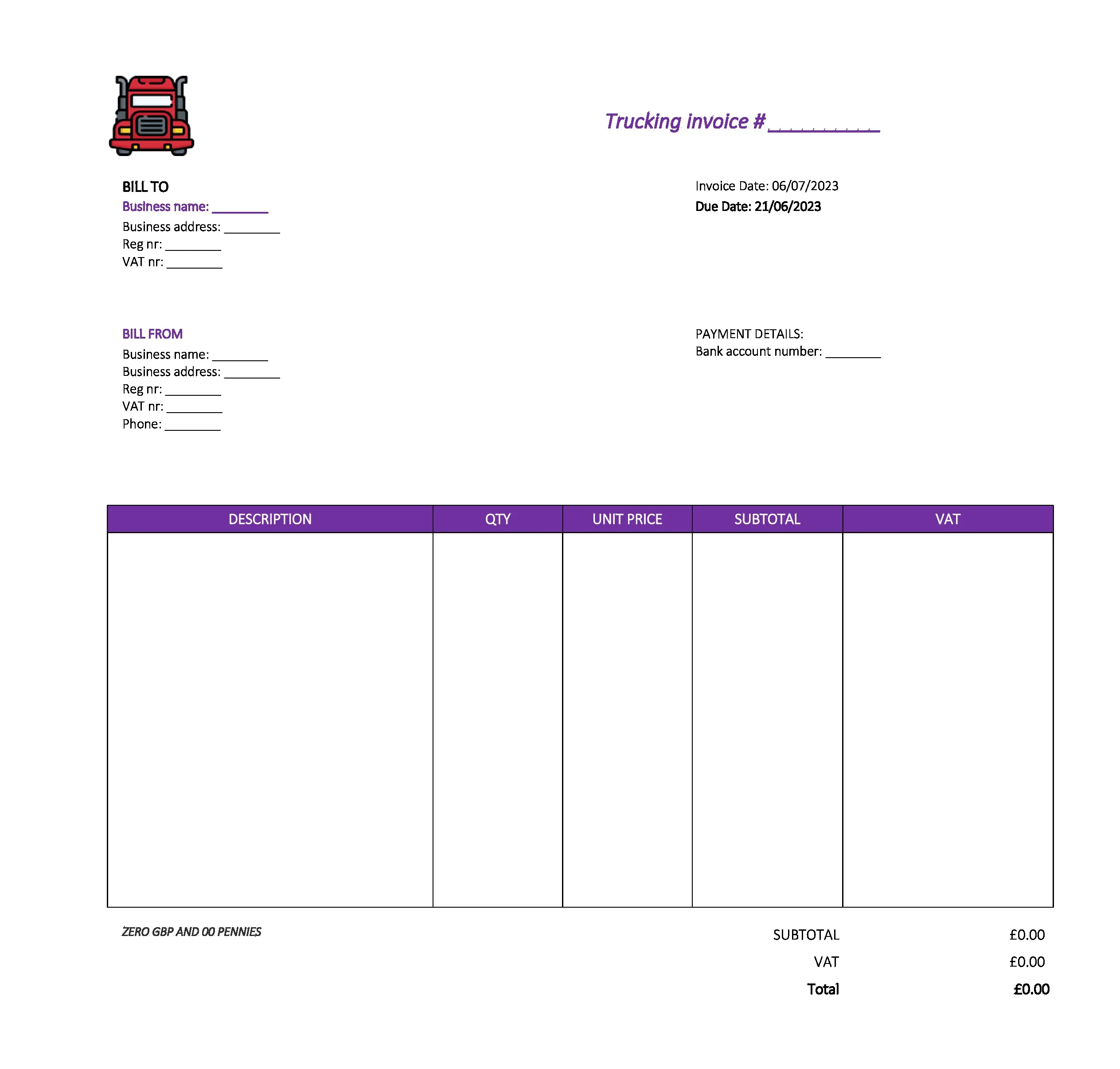 cool trucking invoice template UK Excel / Google sheets