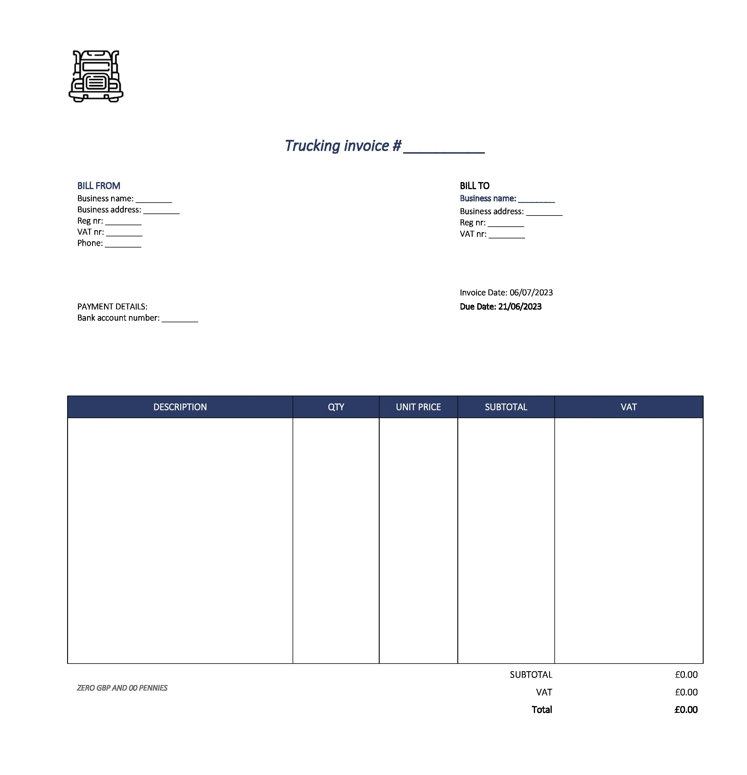 detailed trucking invoice template UK Excel / Google sheets