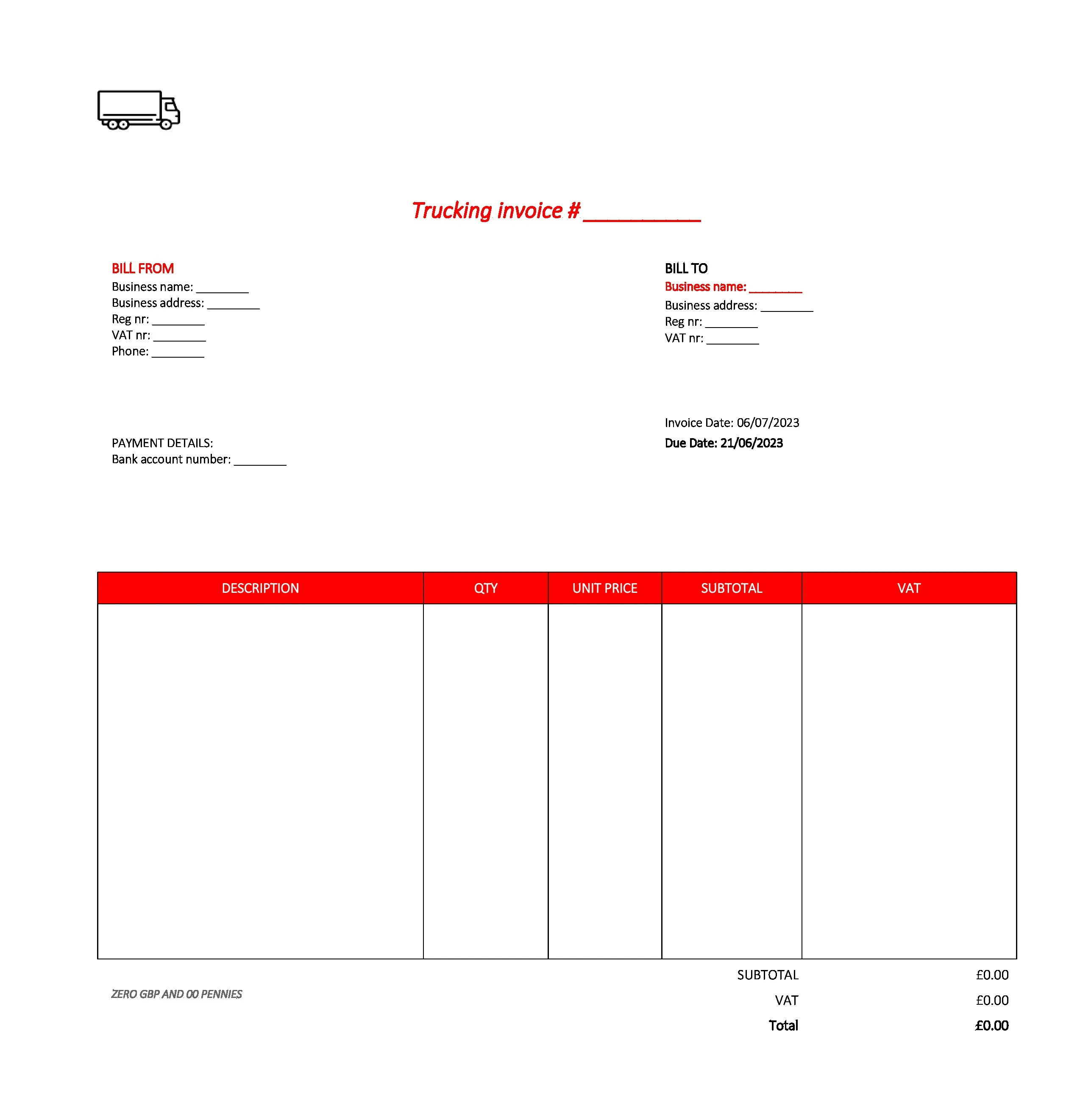 professional trucking invoice template UK Excel / Google sheets