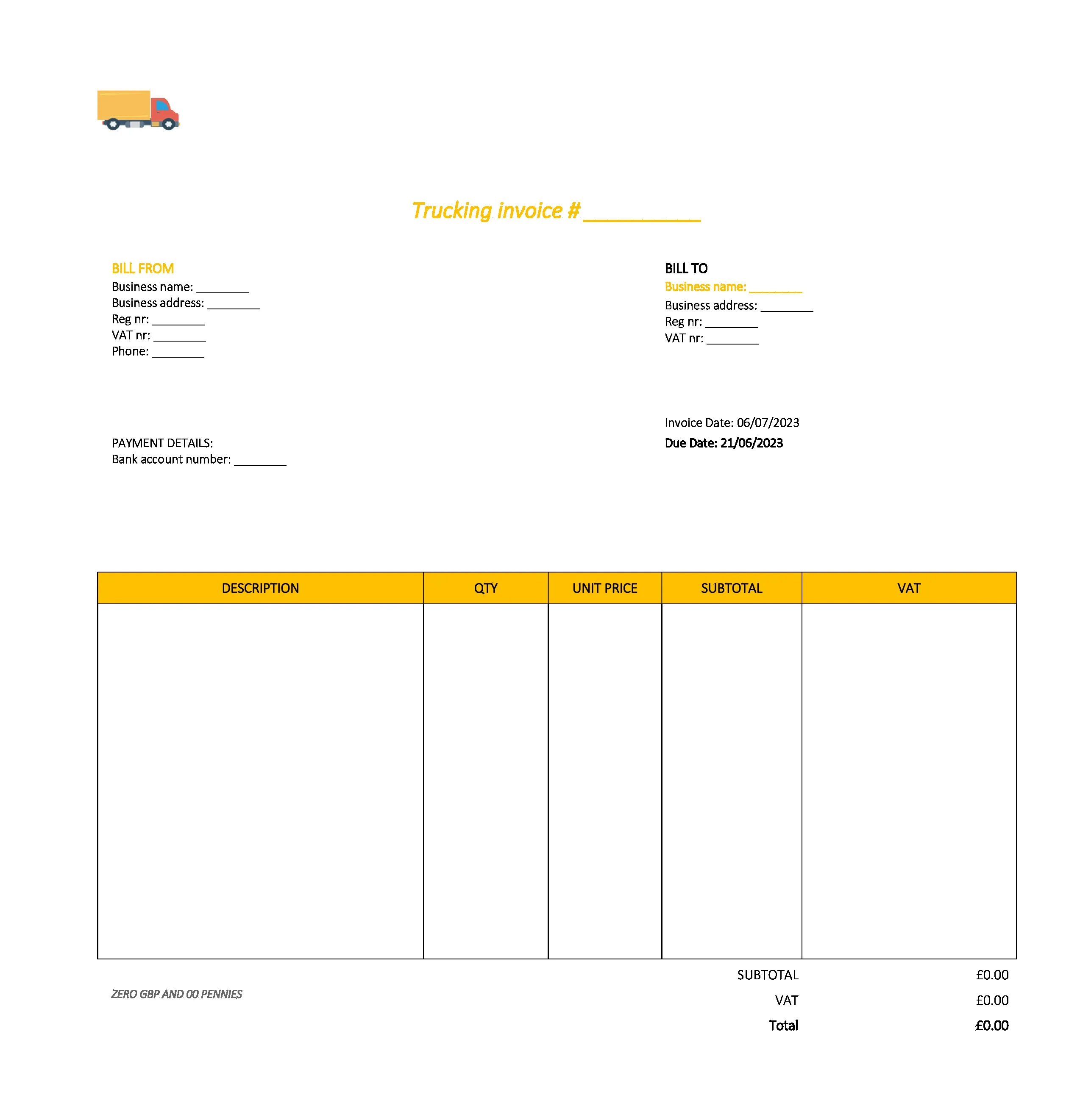 draft trucking invoice template UK Excel / Google sheets