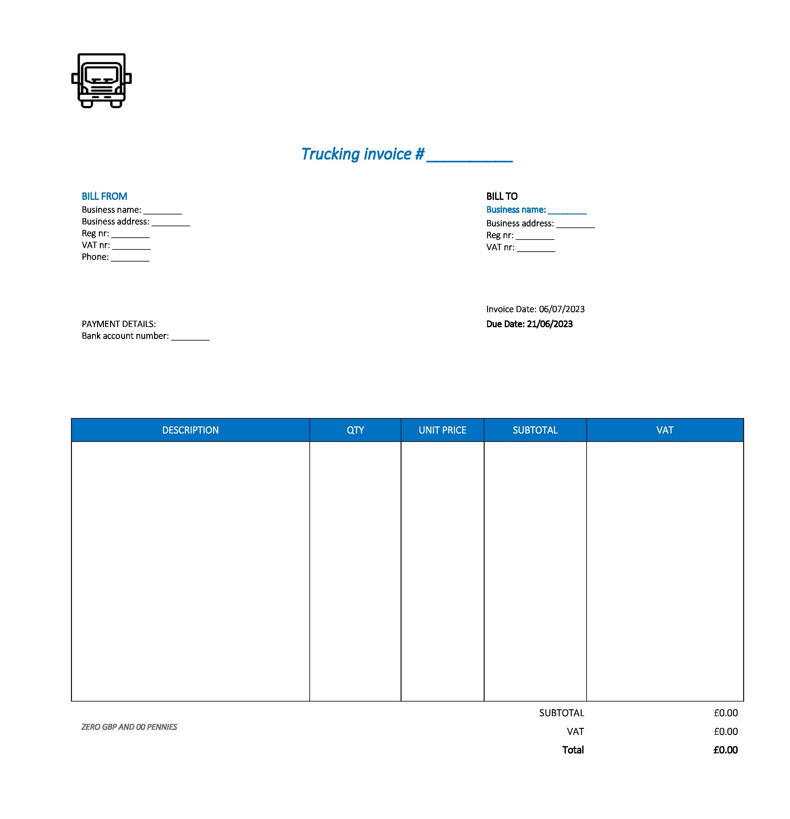 typical trucking invoice template UK Excel / Google sheets