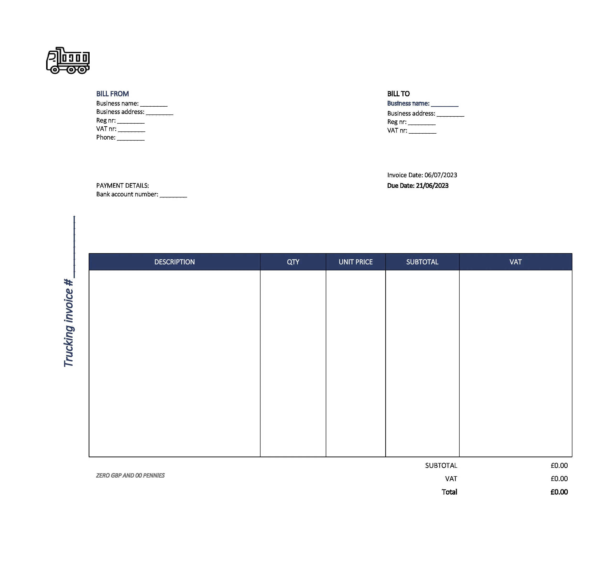 new trucking invoice template UK Excel / Google sheets