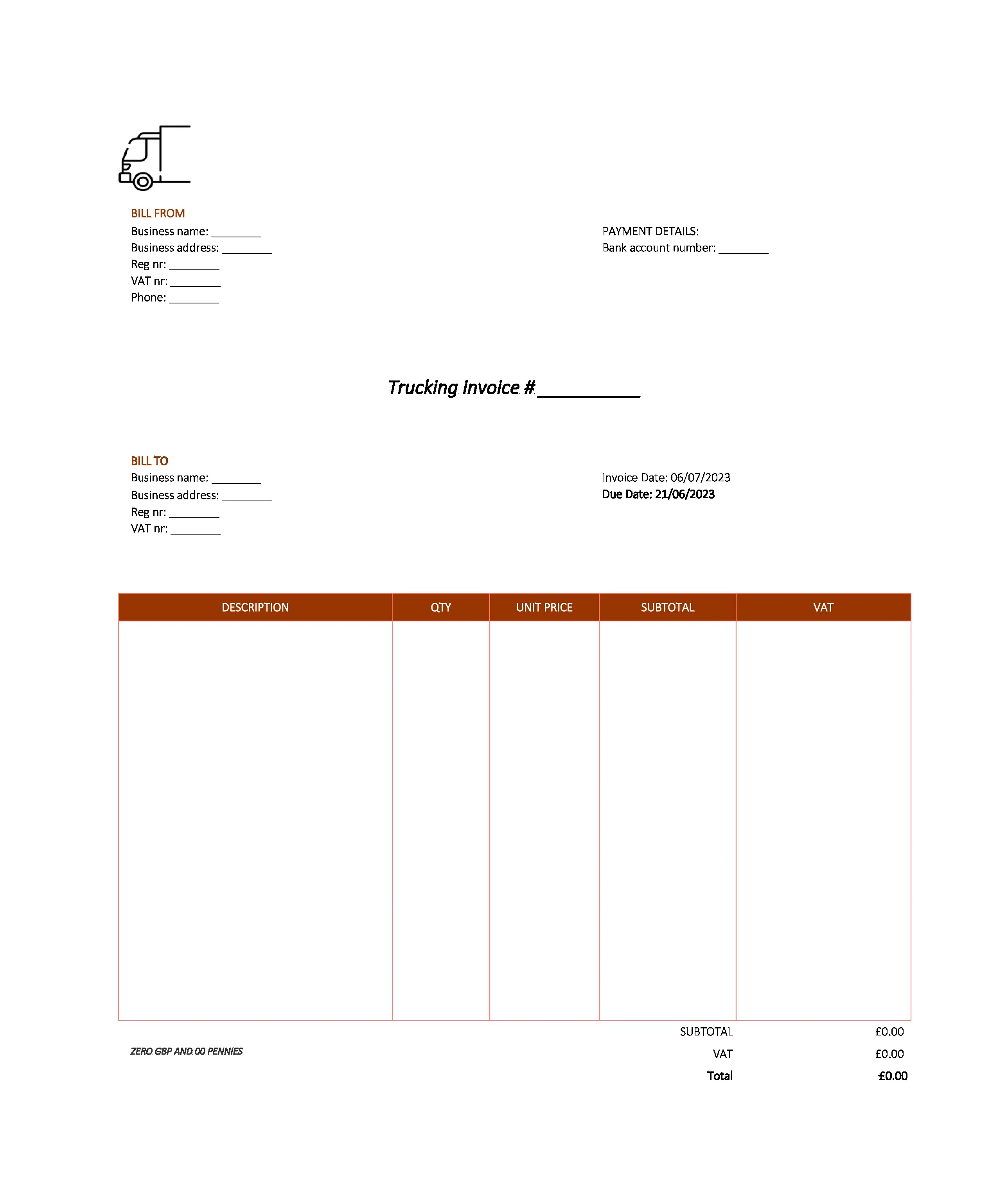 modern trucking invoice template UK Excel / Google sheets
