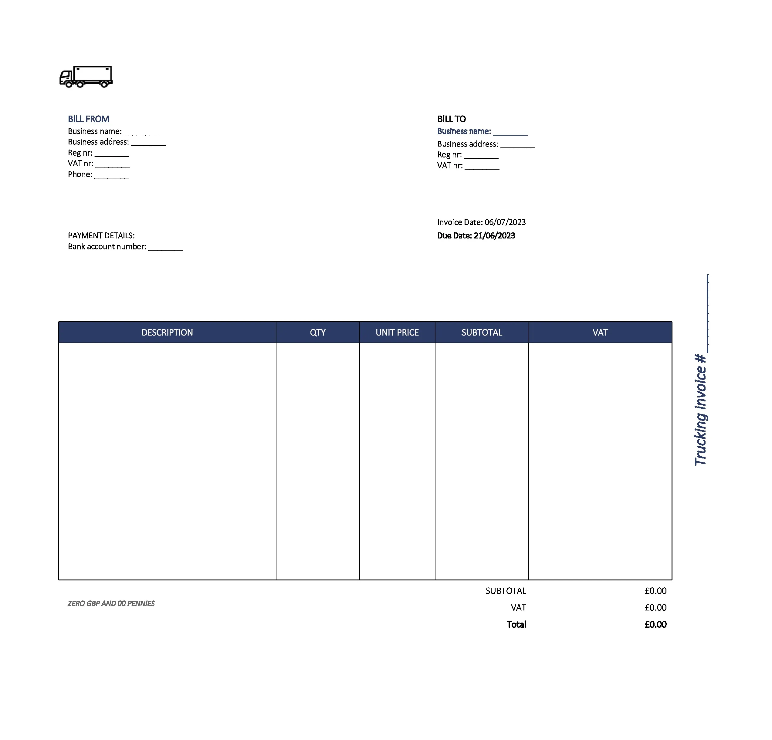 beautiful trucking invoice template UK Excel / Google sheets