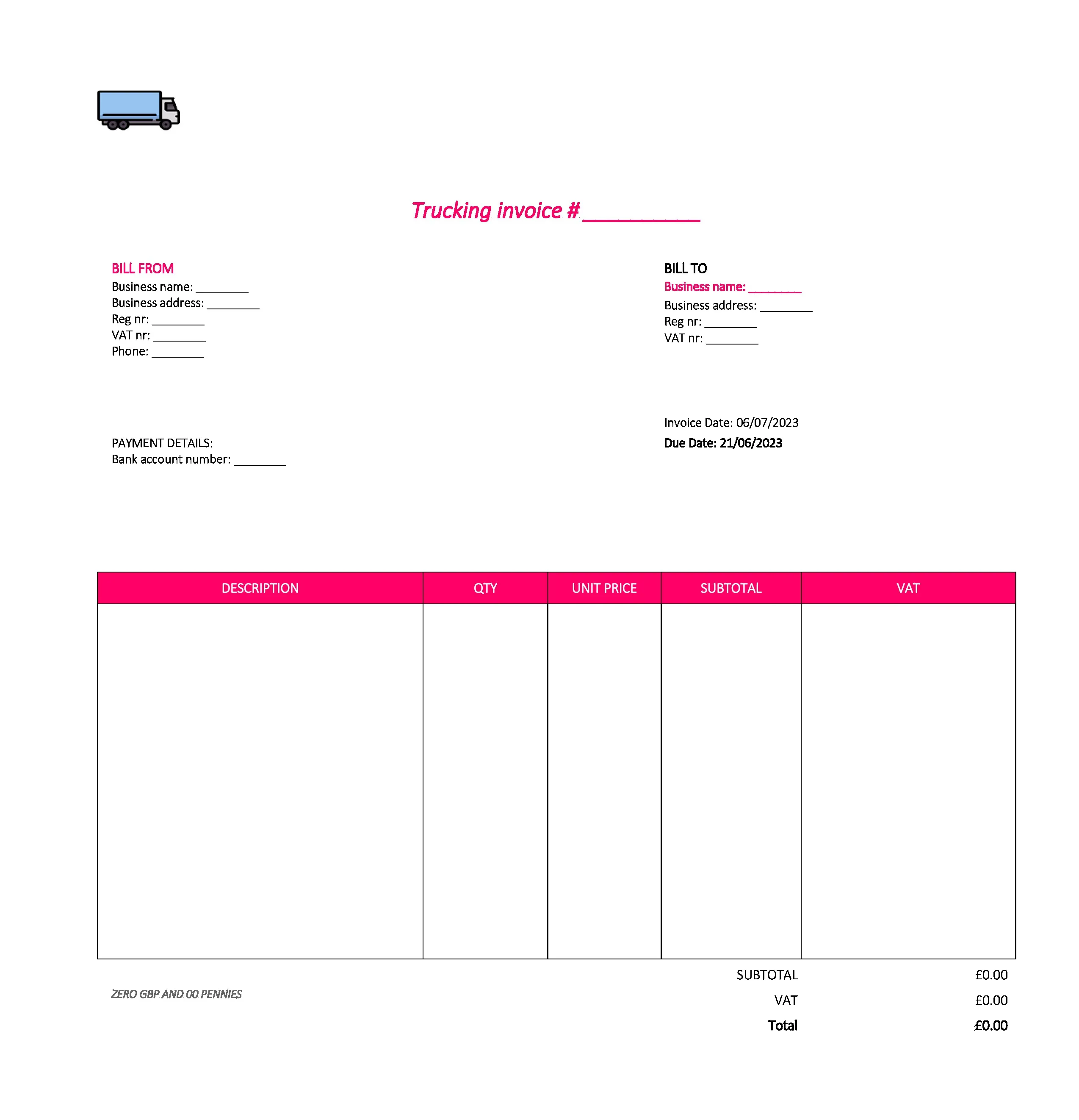 nice trucking invoice template UK Excel / Google sheets