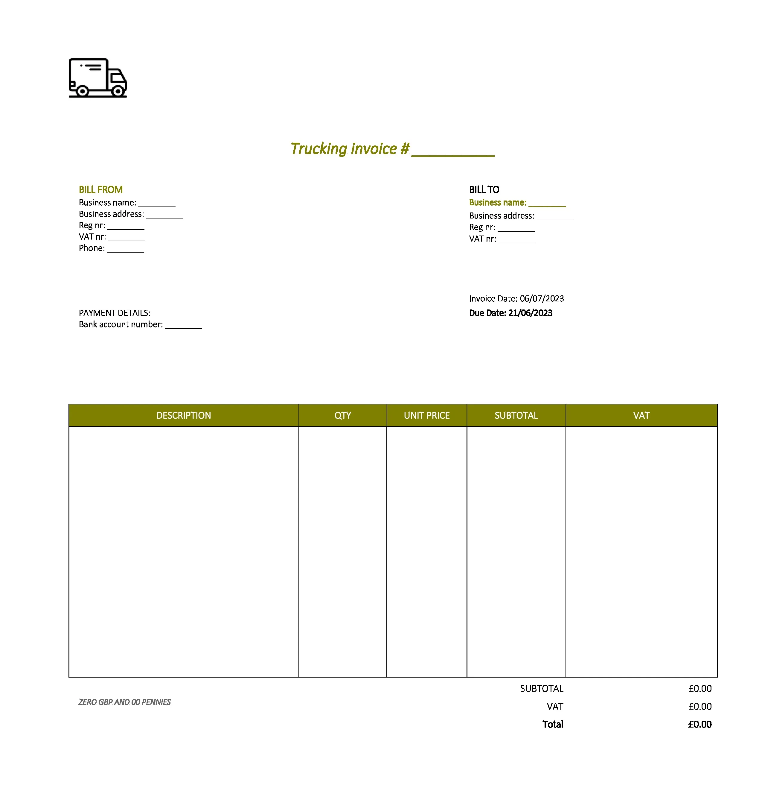 minimalist trucking invoice template UK Excel / Google sheets