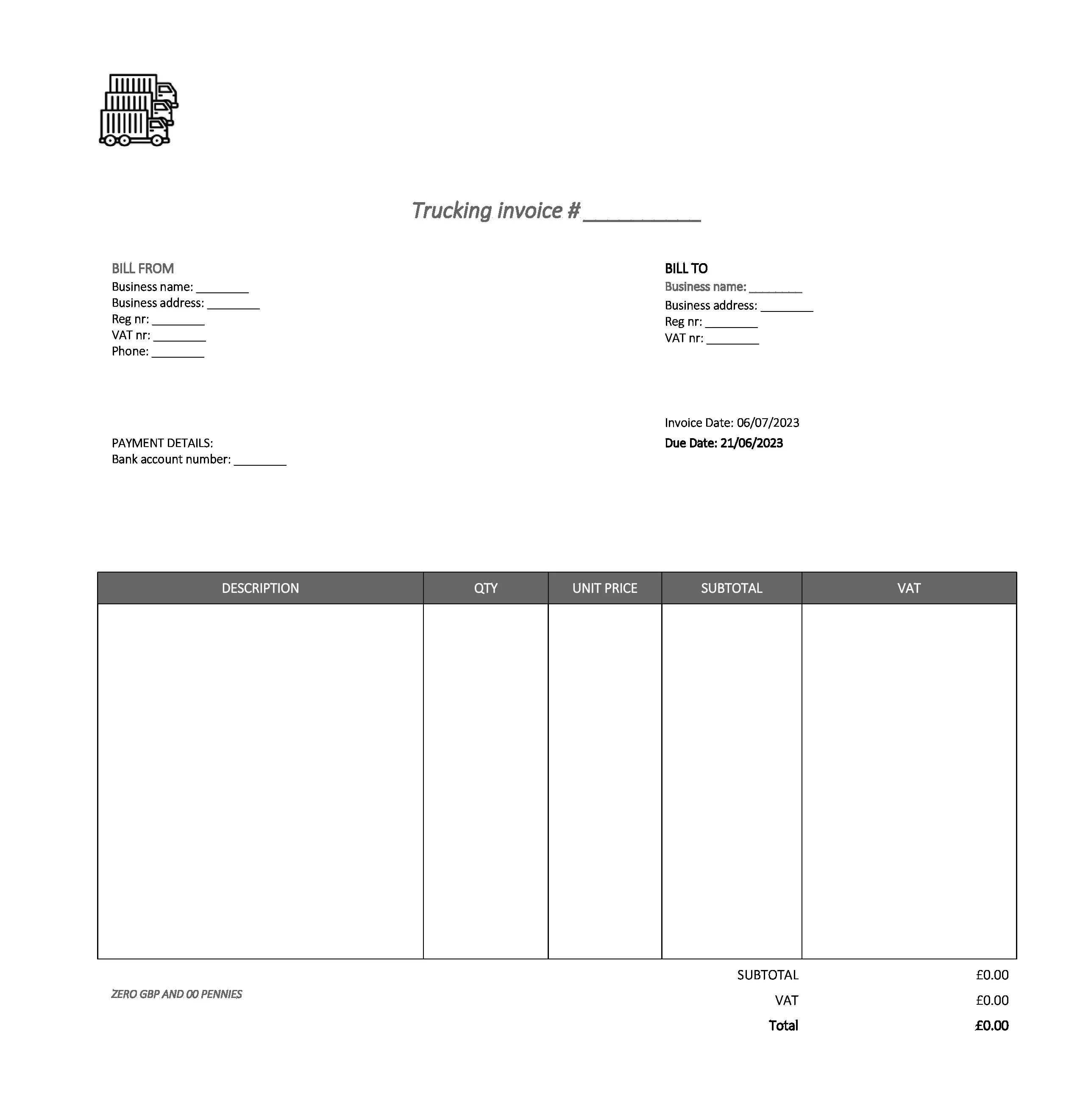 fancy trucking invoice template UK Excel / Google sheets