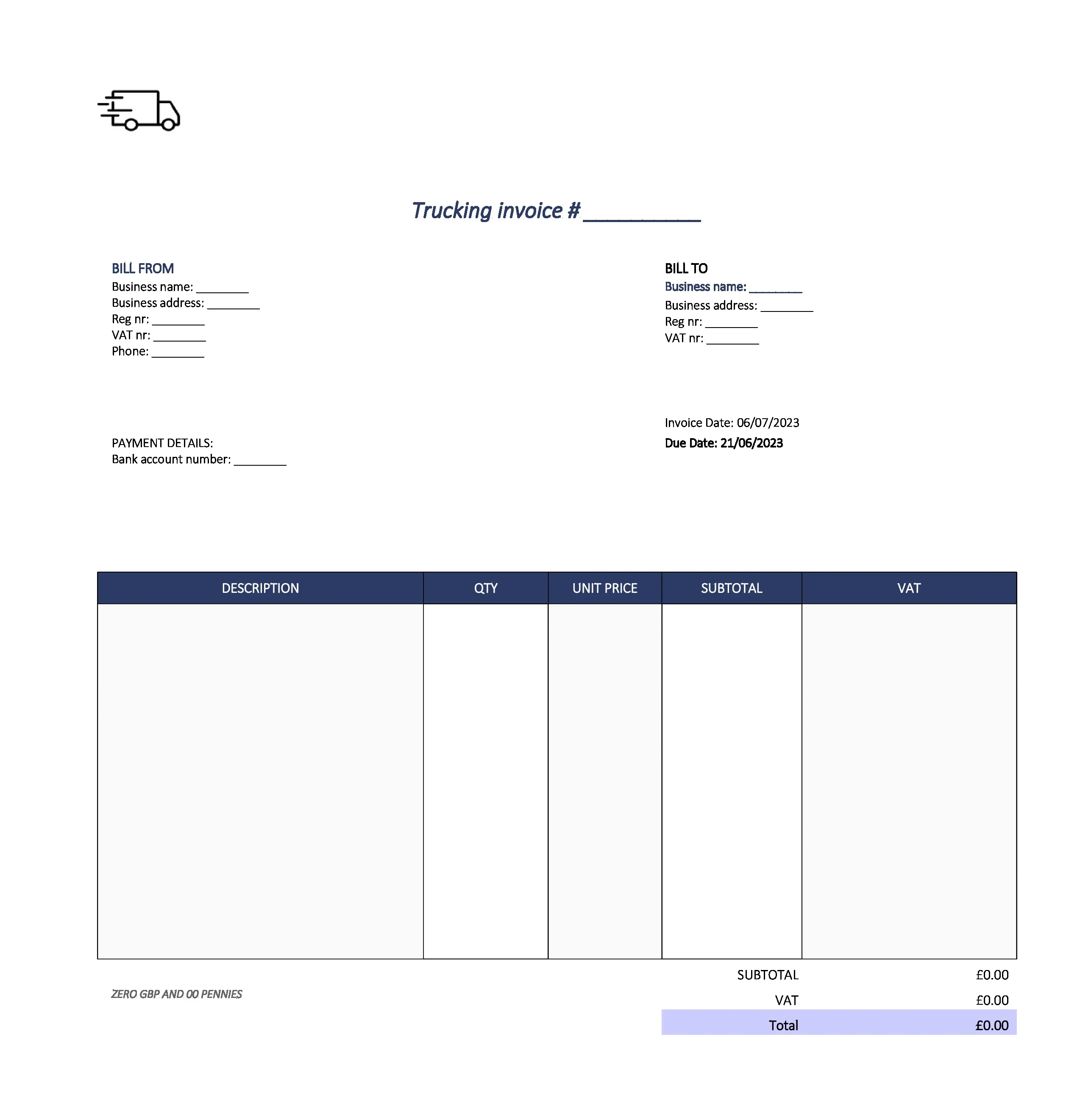 cute trucking invoice template UK Excel / Google sheets