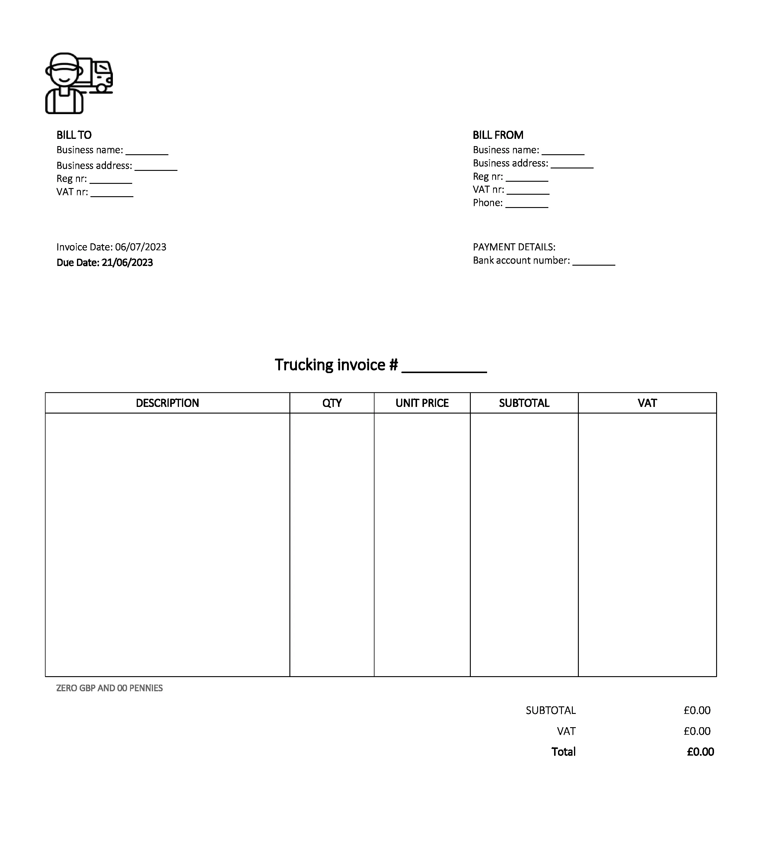 email deliverable trucking invoice template UK Excel / Google sheets