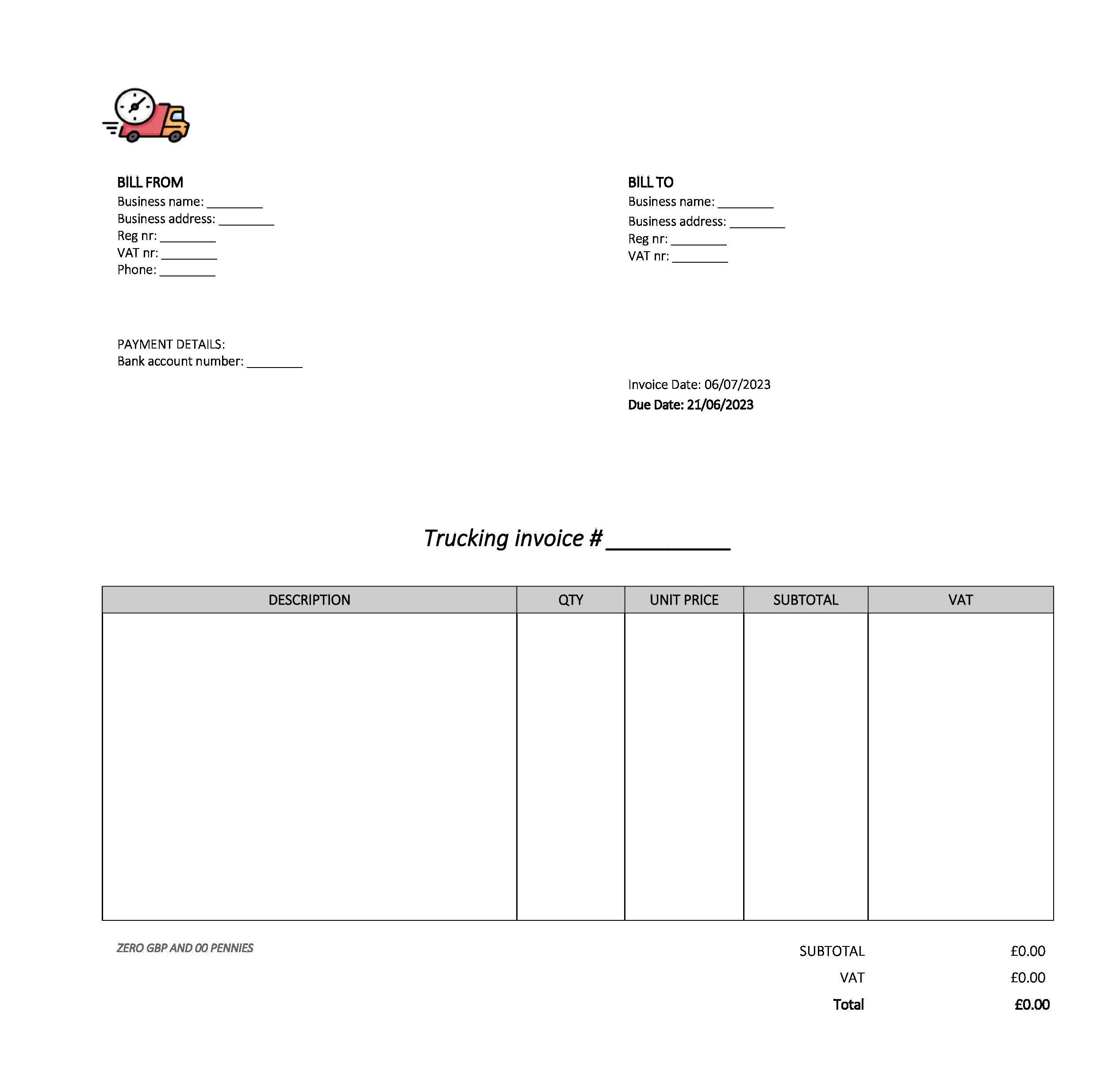 empty trucking invoice template UK Excel / Google sheets