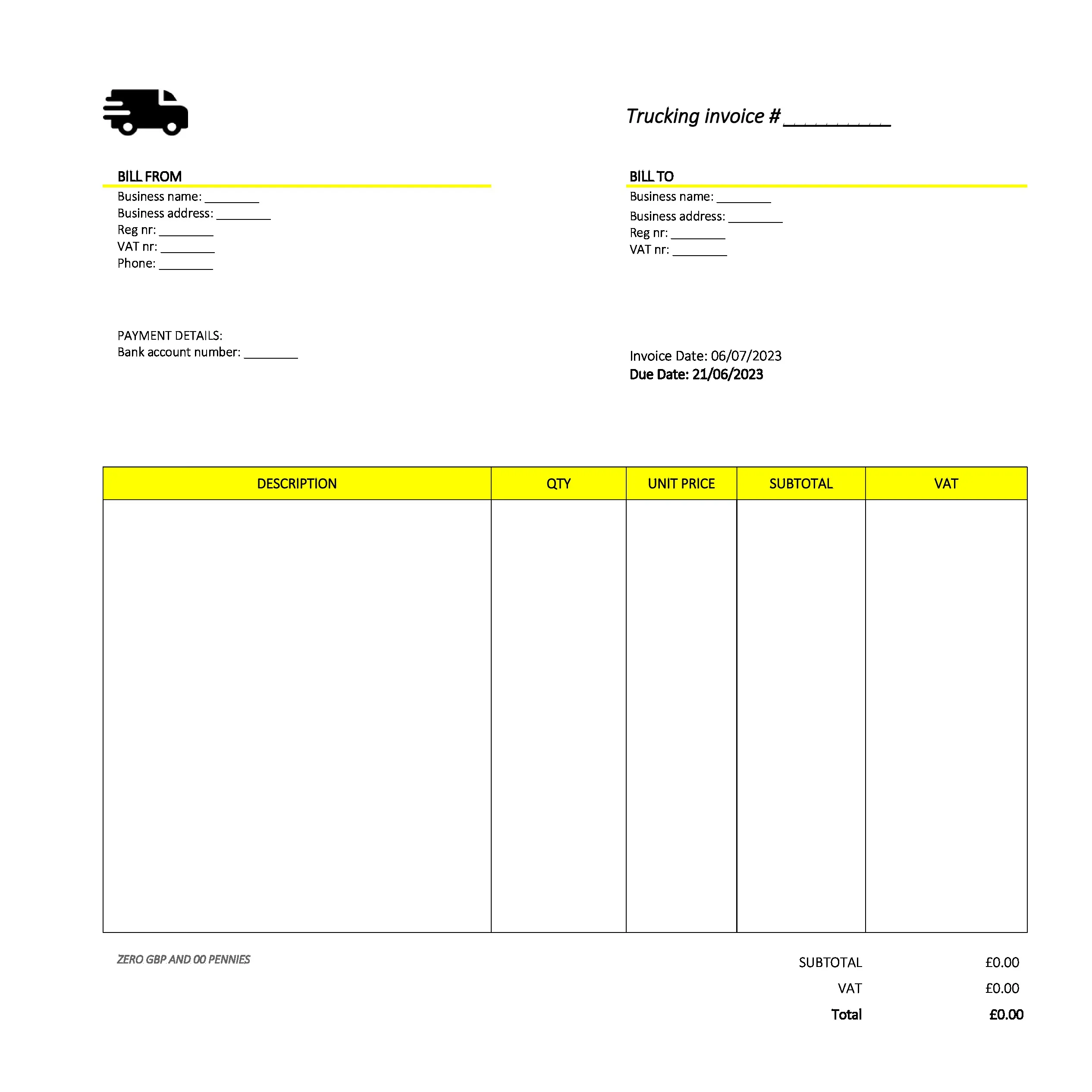 formal trucking invoice template UK Excel / Google sheets