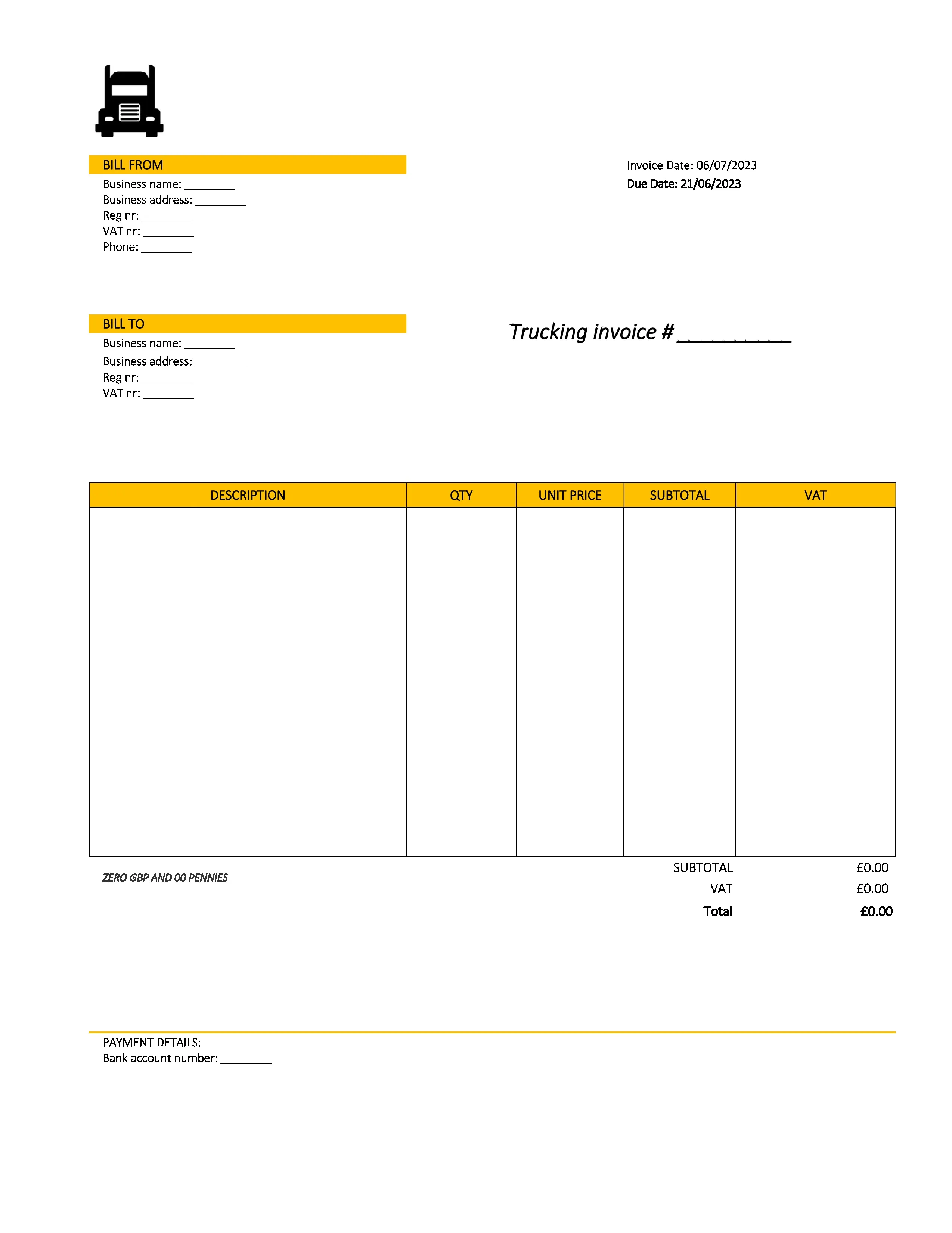 creative trucking invoice template UK Excel / Google sheets