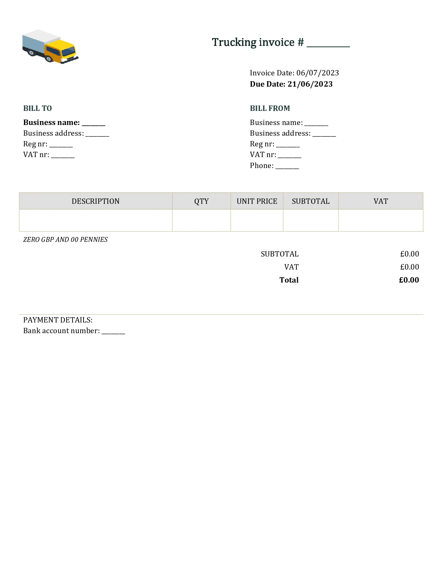 editable trucking invoice template UK Word / Google docs