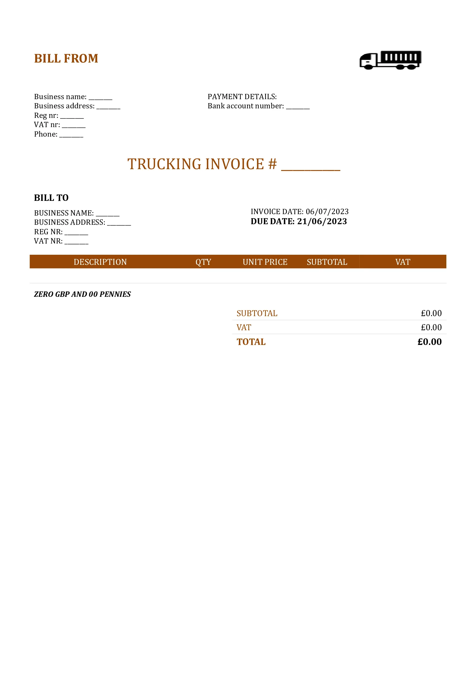 blank trucking invoice template UK Word / Google docs