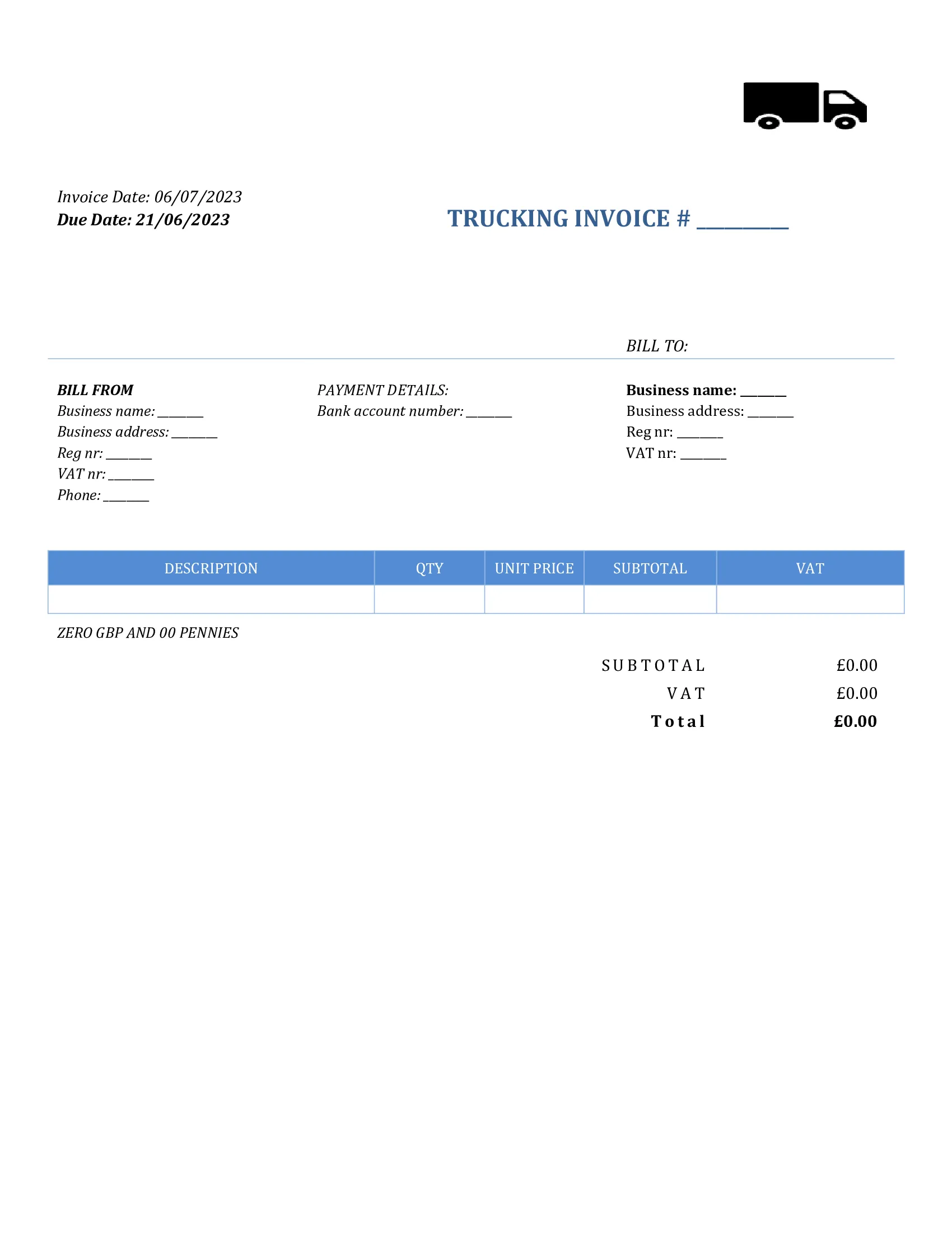 basic trucking invoice template UK Word / Google docs