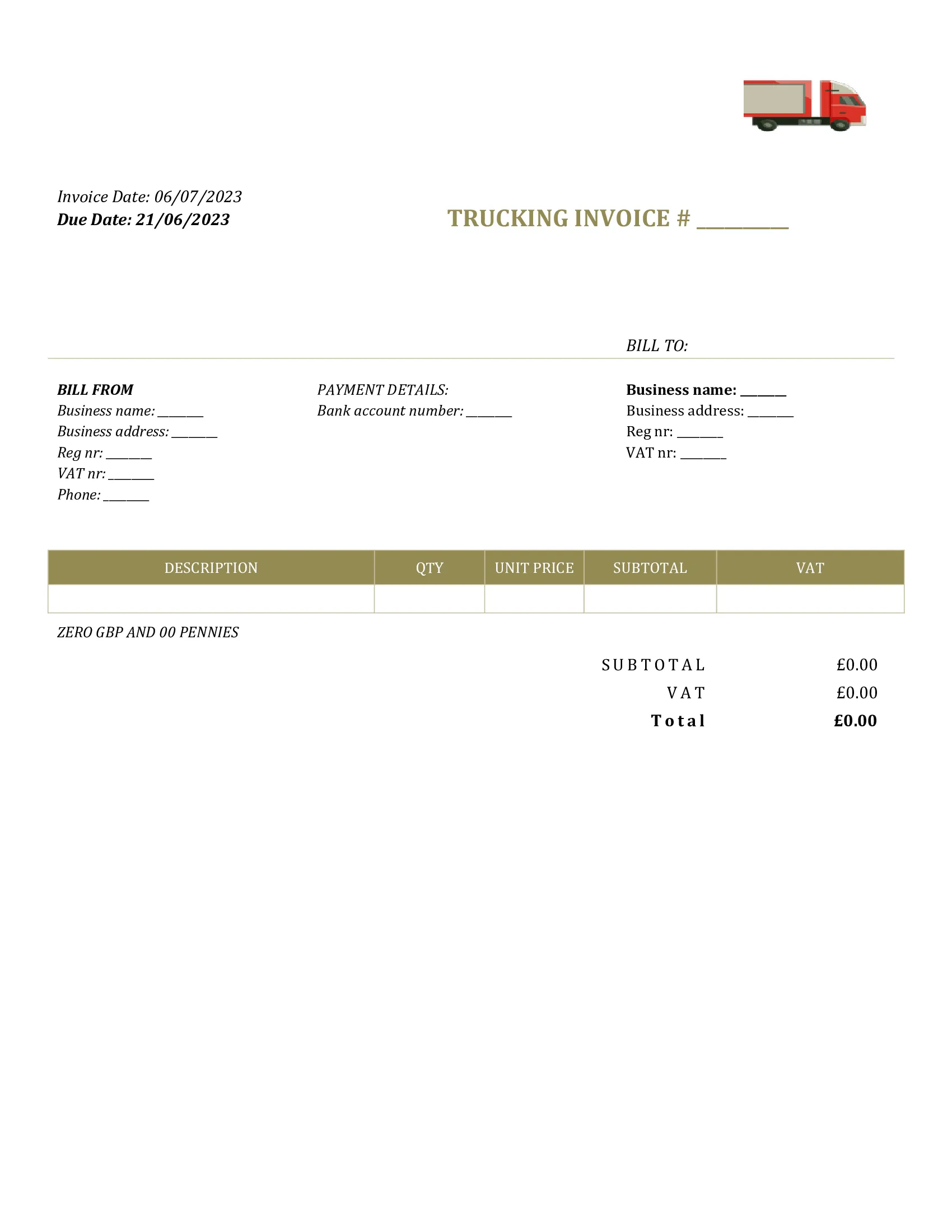 generic trucking invoice template UK Word / Google docs