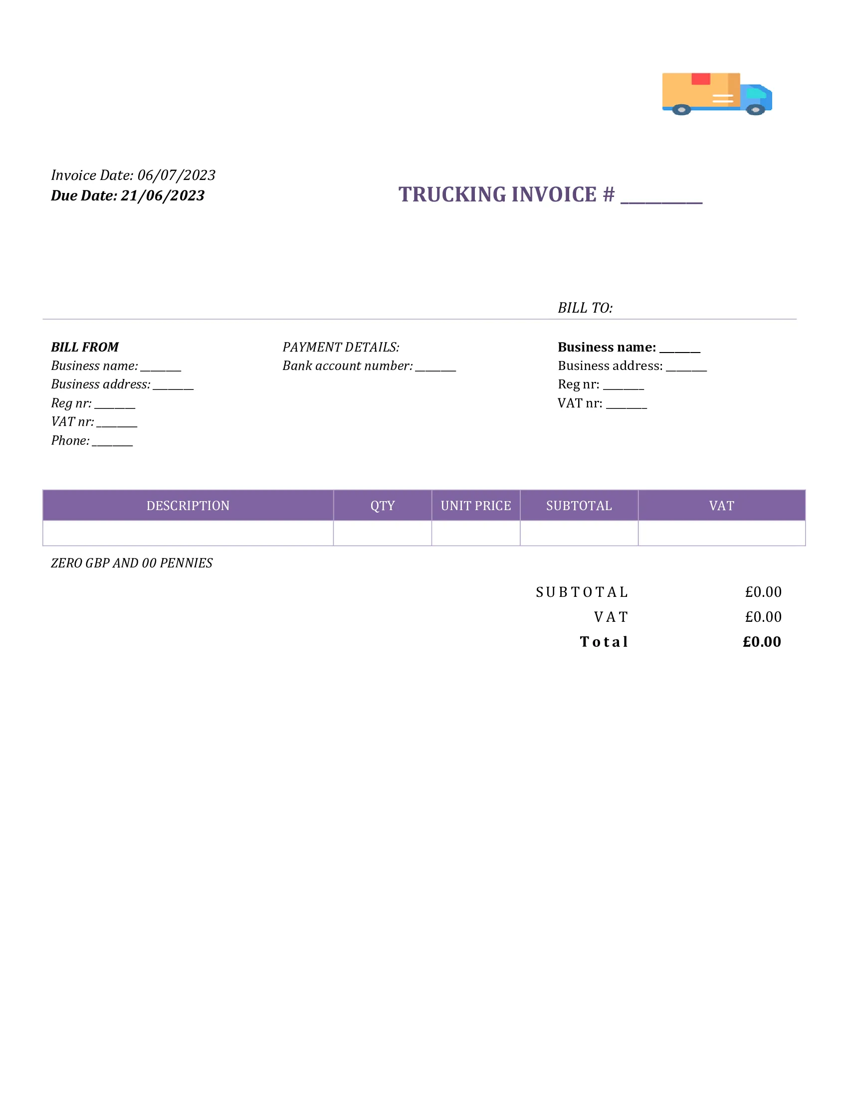 fillable trucking invoice template UK Word / Google docs