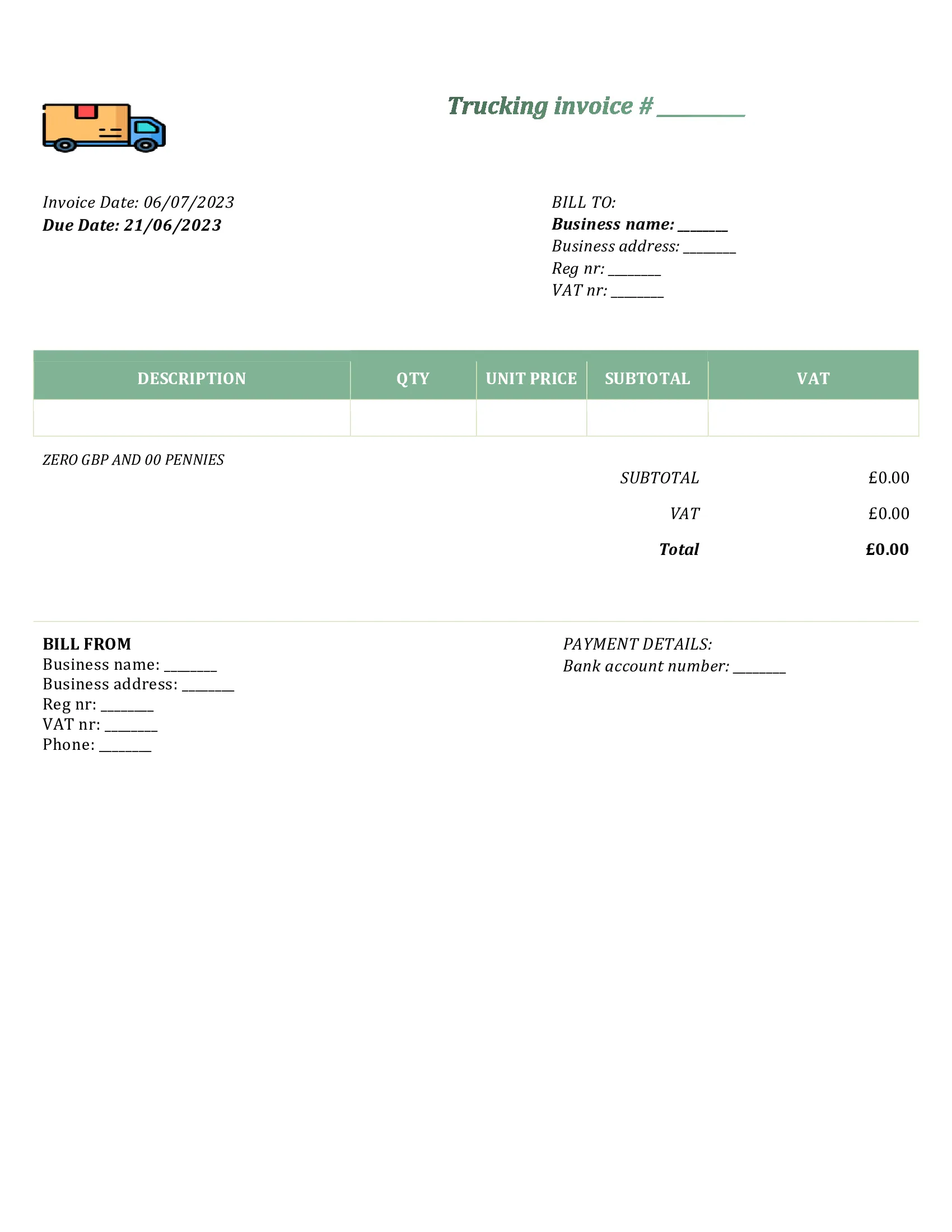 customizable trucking invoice template UK Word / Google docs