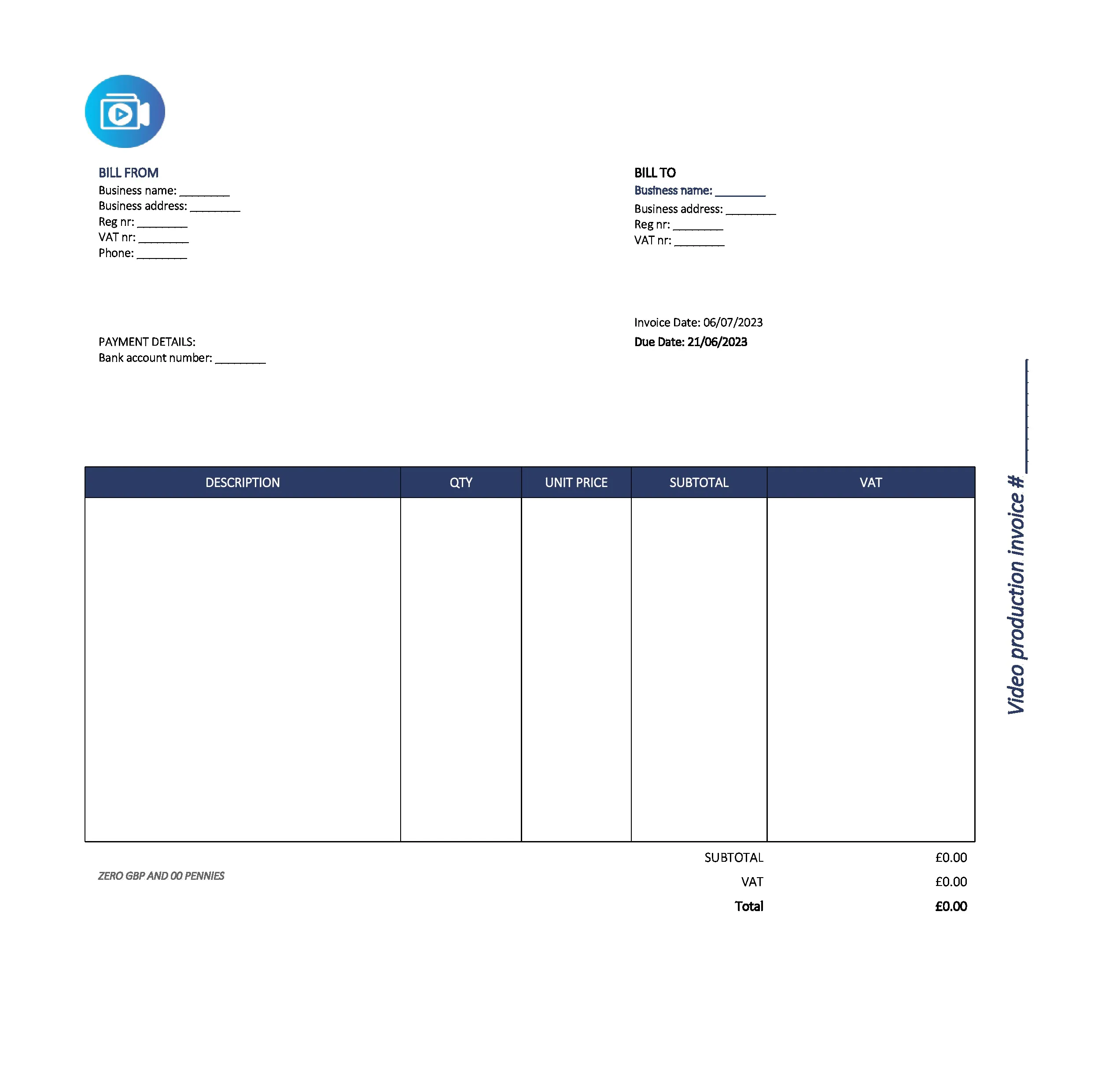 beautiful video production invoice template UK Excel / Google sheets