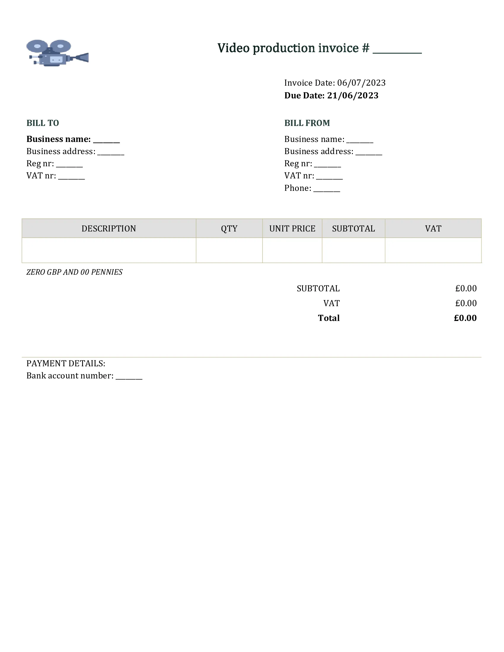 editable video production invoice template UK Word / Google docs